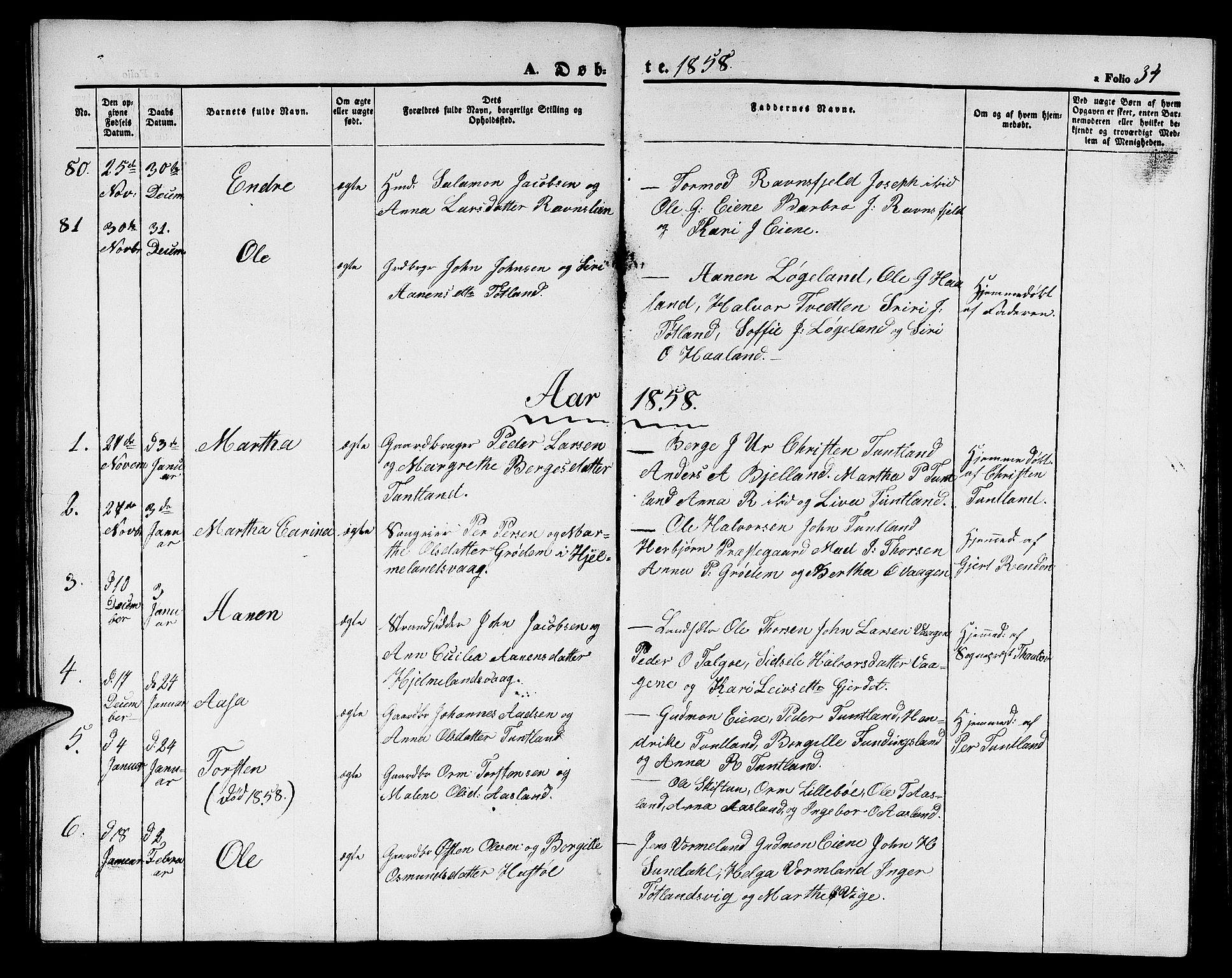 Hjelmeland sokneprestkontor, AV/SAST-A-101843/01/V/L0004: Parish register (copy) no. B 4, 1853-1883, p. 34