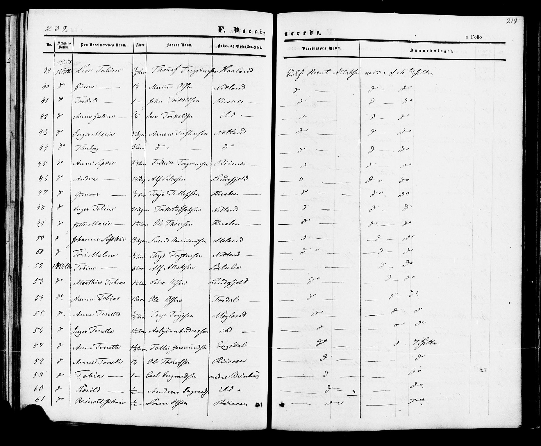 Fjotland sokneprestkontor, AV/SAK-1111-0010/F/Fa/L0001: Parish register (official) no. A 1, 1850-1879, p. 219