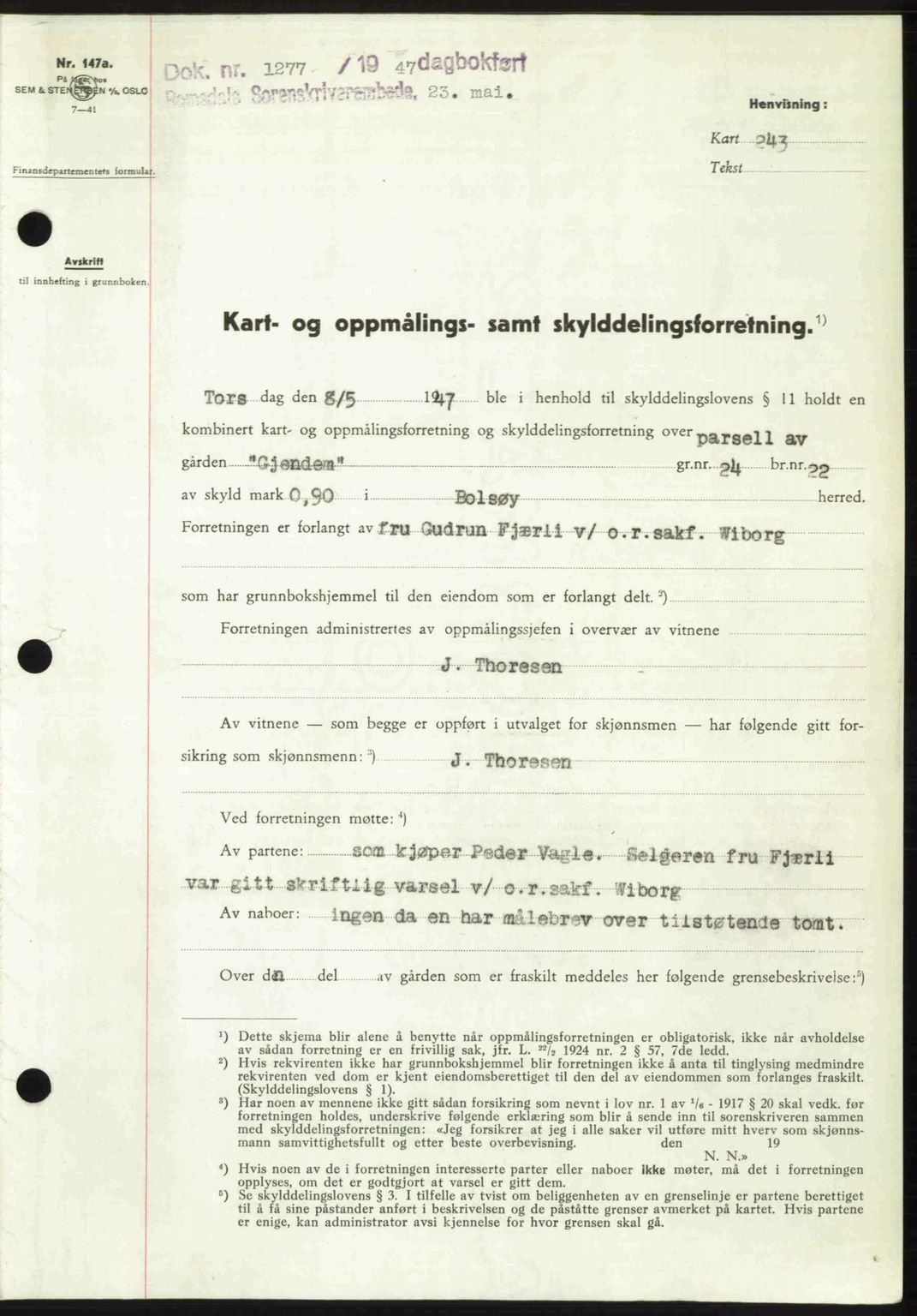 Romsdal sorenskriveri, AV/SAT-A-4149/1/2/2C: Mortgage book no. A23, 1947-1947, Diary no: : 1277/1947