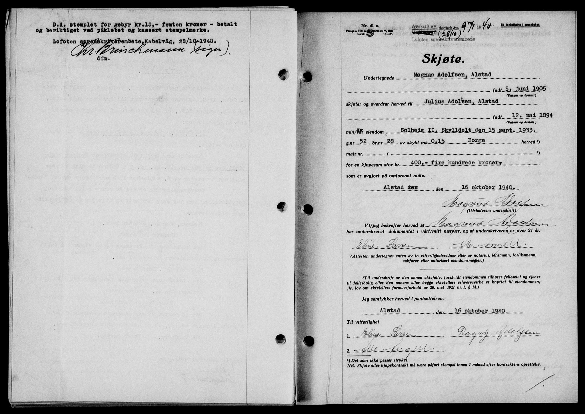 Lofoten sorenskriveri, SAT/A-0017/1/2/2C/L0007a: Mortgage book no. 7a, 1939-1940, Diary no: : 971/1940