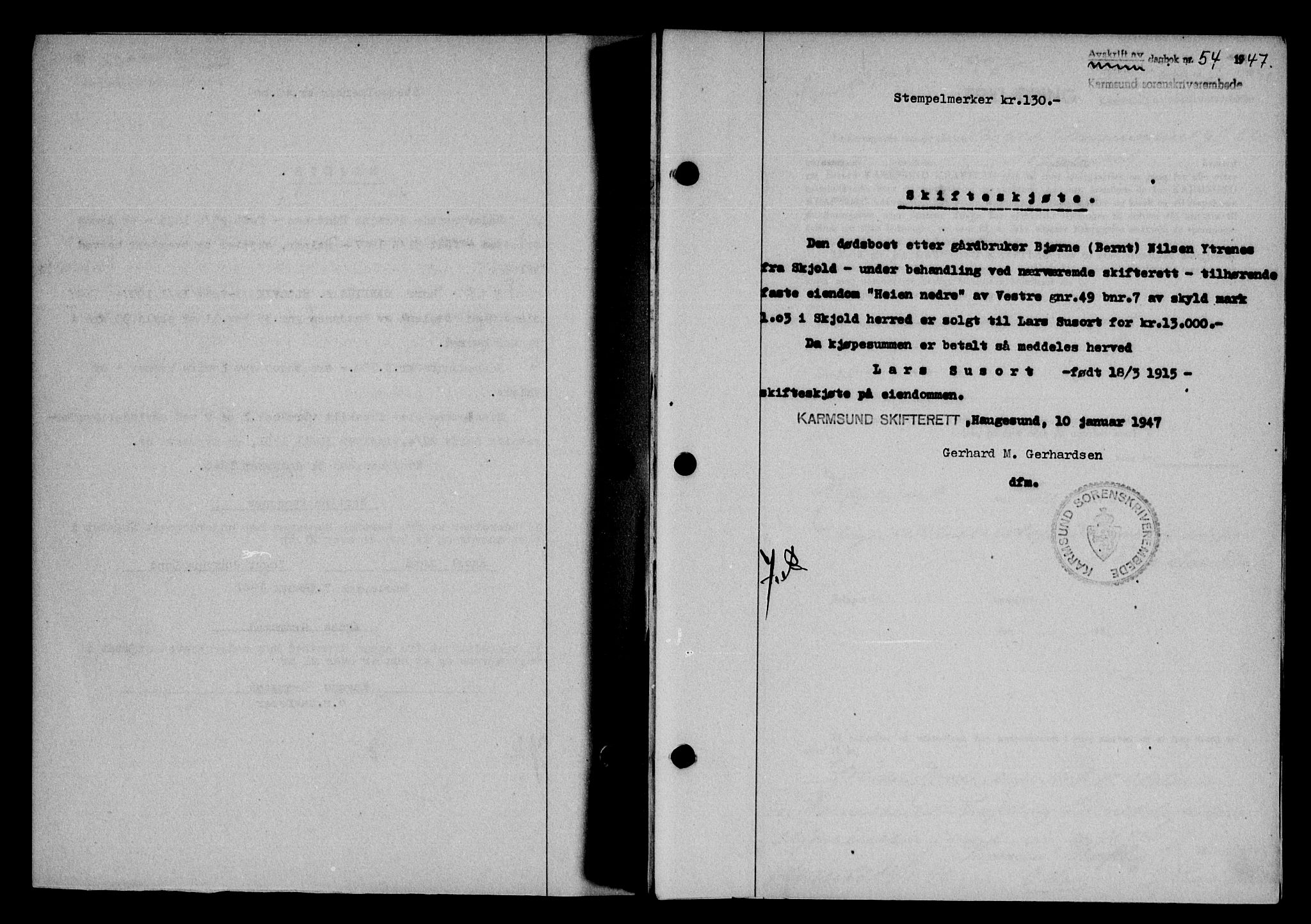 Karmsund sorenskriveri, AV/SAST-A-100311/01/II/IIB/L0089: Mortgage book no. 69A, 1947-1947, Diary no: : 54/1947