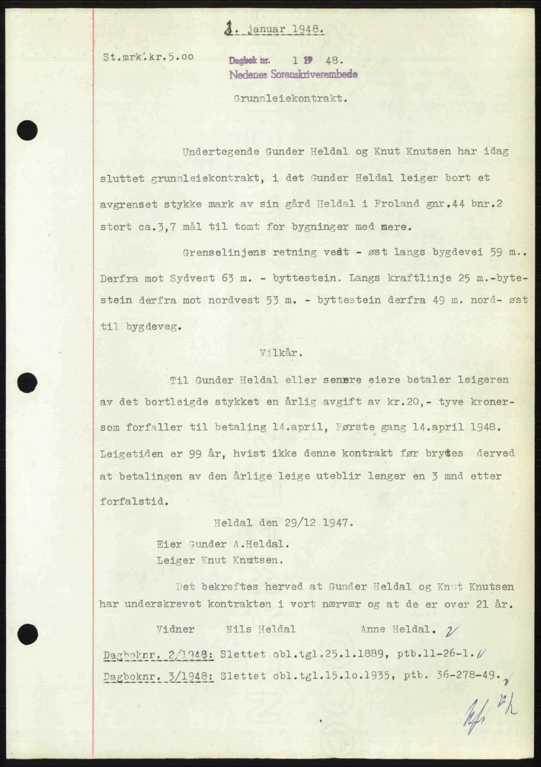 Nedenes sorenskriveri, AV/SAK-1221-0006/G/Gb/Gba/L0058: Mortgage book no. A10, 1947-1948, Diary no: : 1/1948