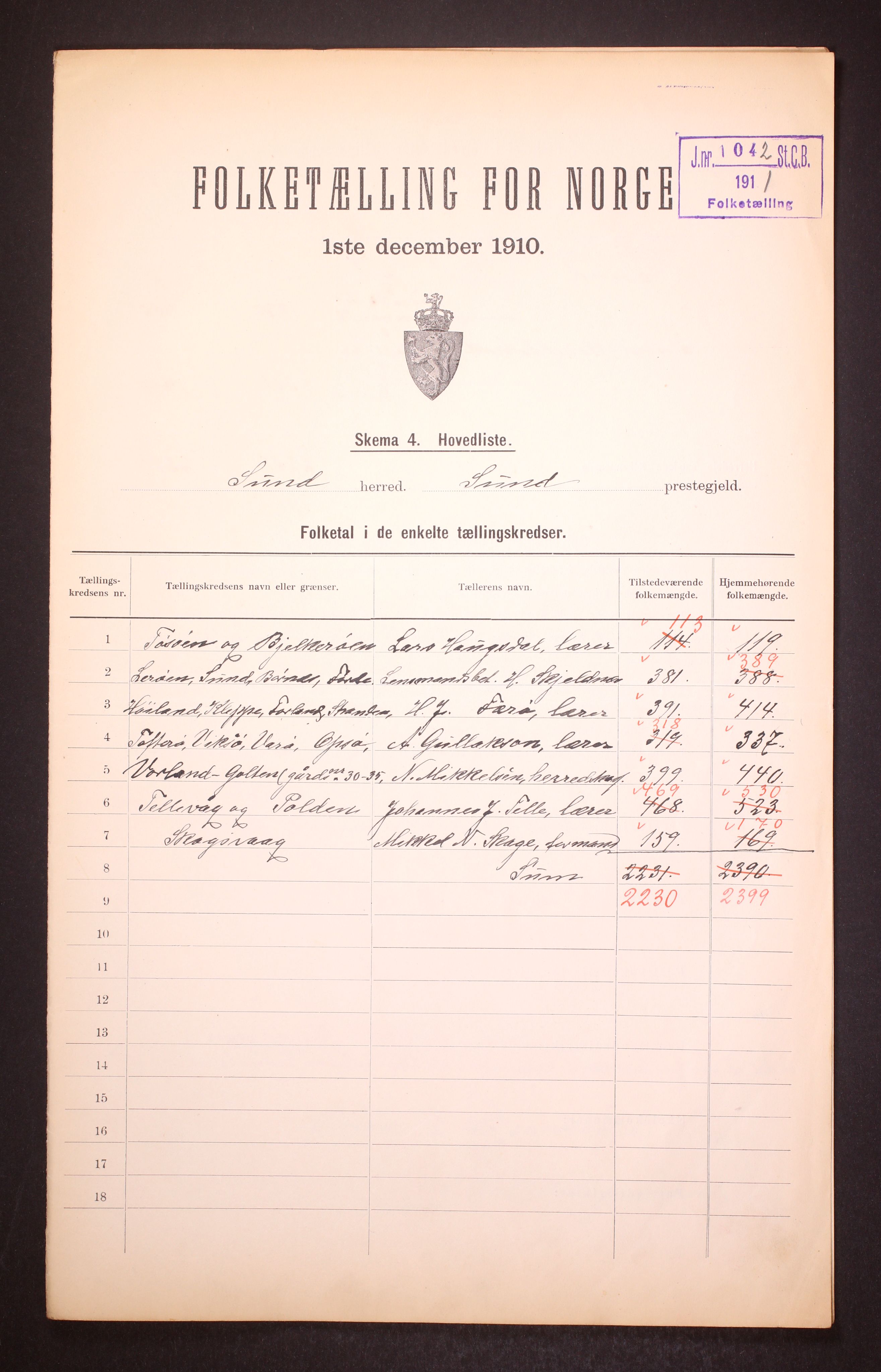 RA, 1910 census for Sund, 1910, p. 3