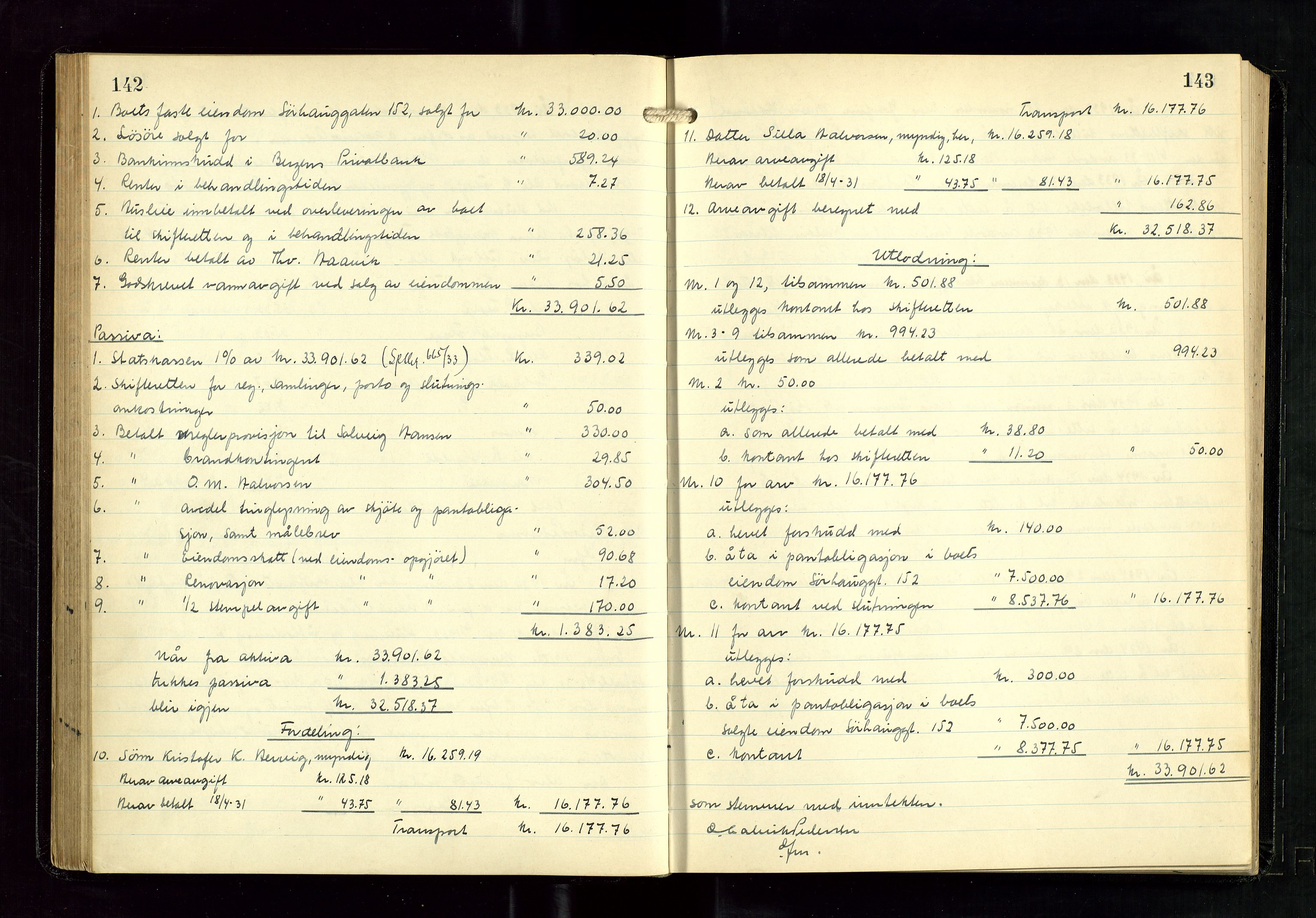 Haugesund tingrett, AV/SAST-A-101415/01/IV/IVD/L0005: Skifteutlodningsprotokoll, med register, 1931-1937, p. 142-143