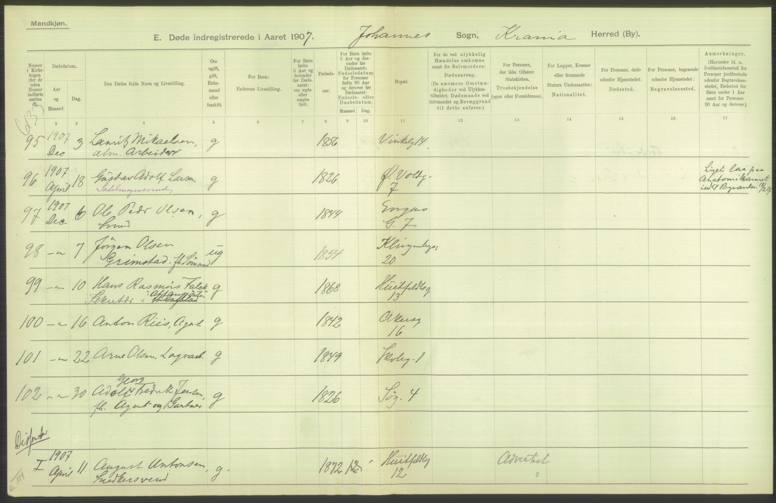 Statistisk sentralbyrå, Sosiodemografiske emner, Befolkning, AV/RA-S-2228/D/Df/Dfa/Dfae/L0010: Kristiania: Døde, dødfødte, 1907, p. 432