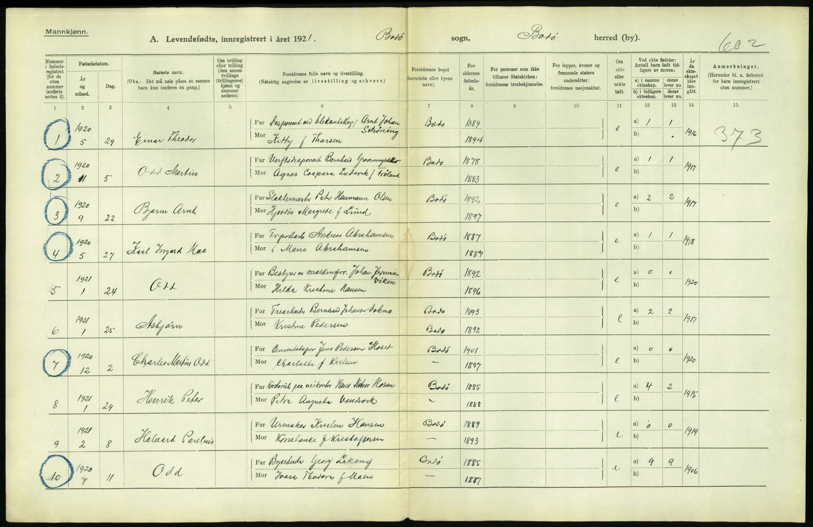 Statistisk sentralbyrå, Sosiodemografiske emner, Befolkning, AV/RA-S-2228/D/Df/Dfc/Dfca/L0050: Nordland fylke: Levendefødte menn og kvinner. Byer. Samt gifte, dødfødte. Bygder og byer., 1921, p. 8