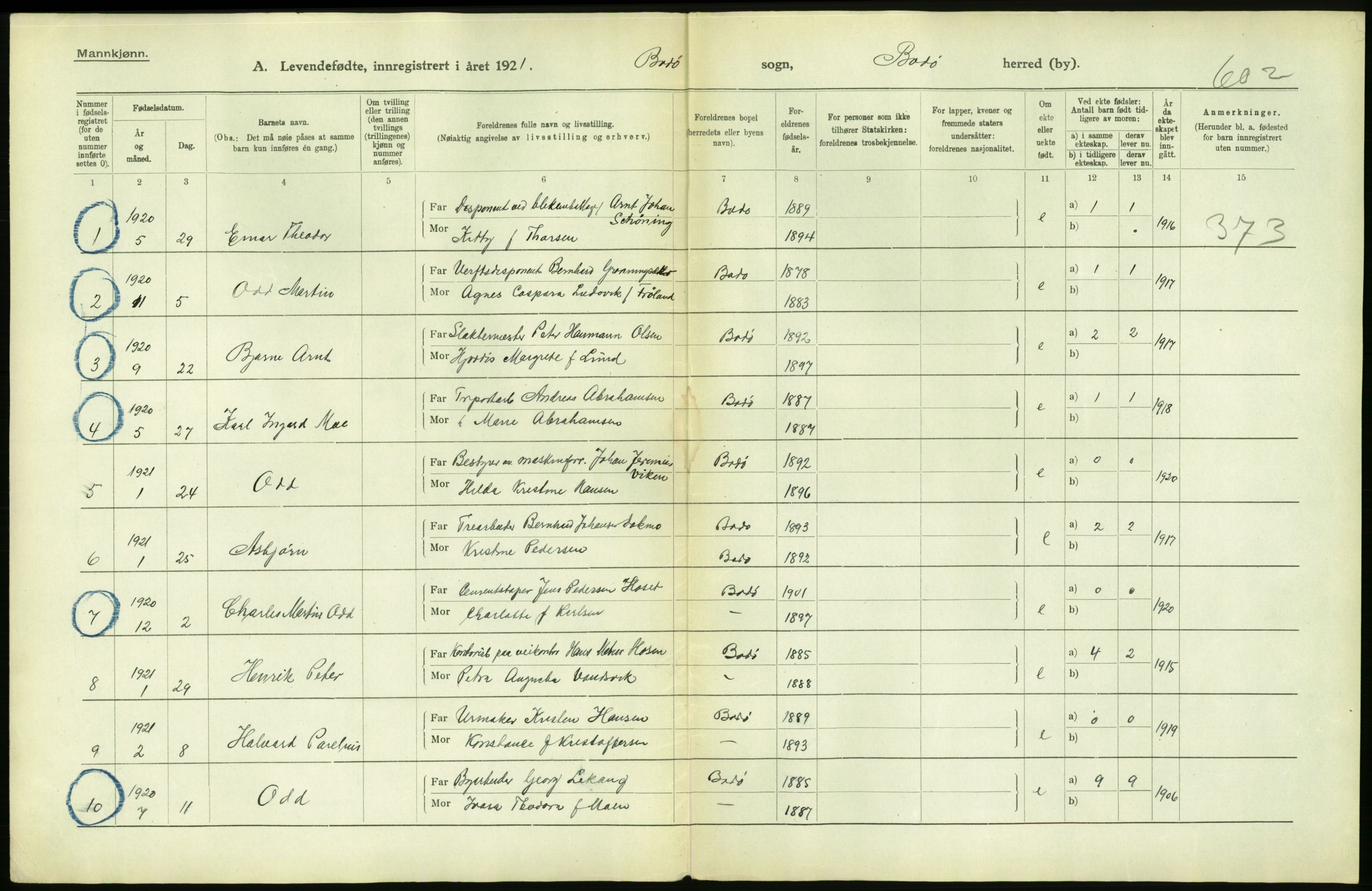 Statistisk sentralbyrå, Sosiodemografiske emner, Befolkning, RA/S-2228/D/Df/Dfc/Dfca/L0050: Nordland fylke: Levendefødte menn og kvinner. Byer. Samt gifte, dødfødte. Bygder og byer., 1921, p. 8