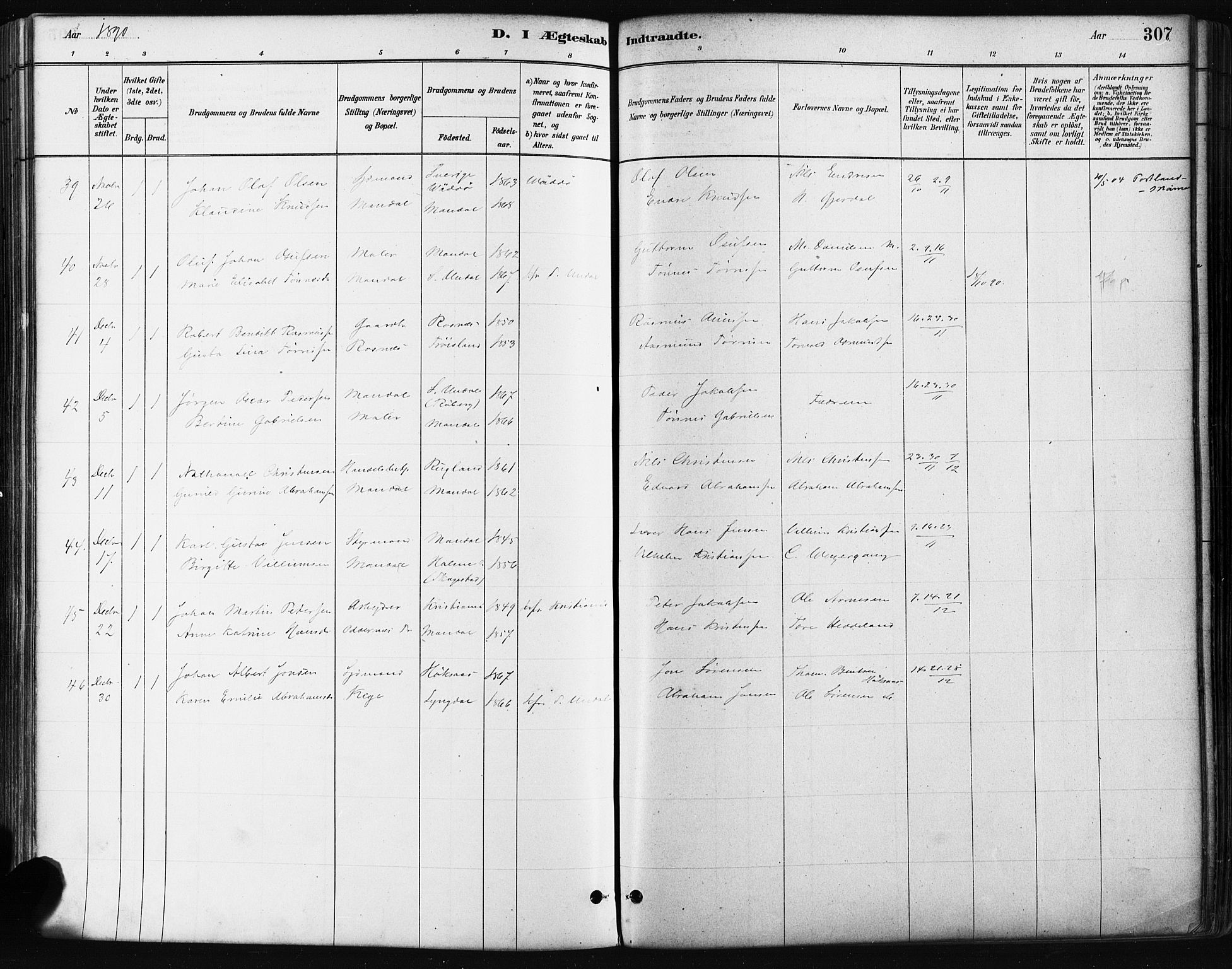 Mandal sokneprestkontor, SAK/1111-0030/F/Fa/Faa/L0016: Parish register (official) no. A 16, 1880-1890, p. 307