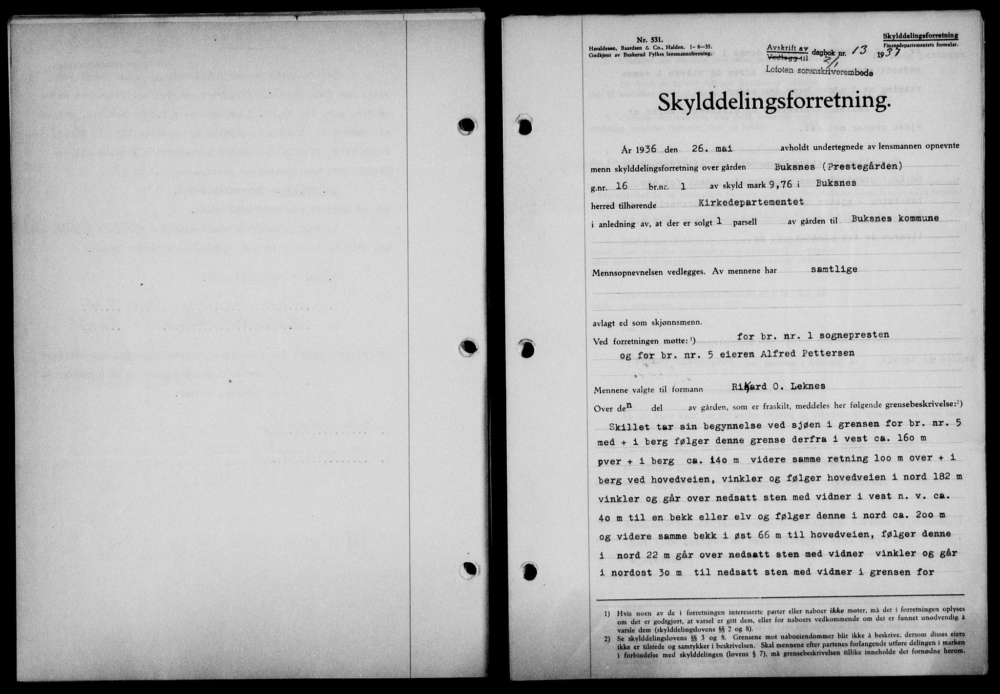 Lofoten sorenskriveri, SAT/A-0017/1/2/2C/L0001a: Mortgage book no. 1a, 1936-1937, Diary no: : 13/1937