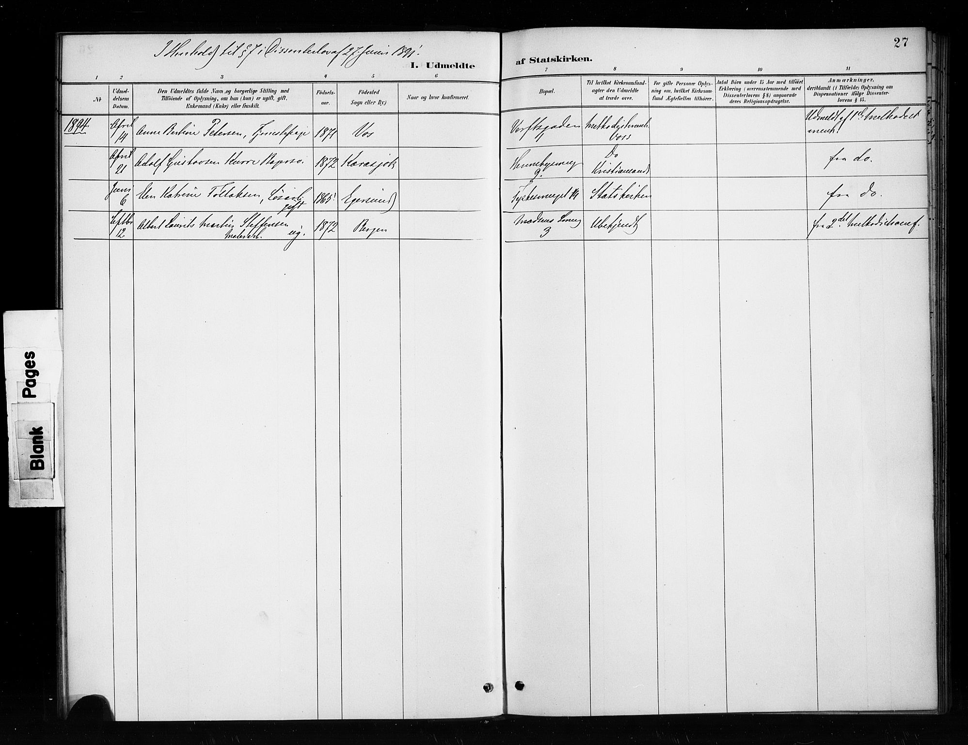 Nykirken Sokneprestembete, AV/SAB-A-77101/H/Haa/L0053: Parish register (official) no. H 2, 1887-1897, p. 27