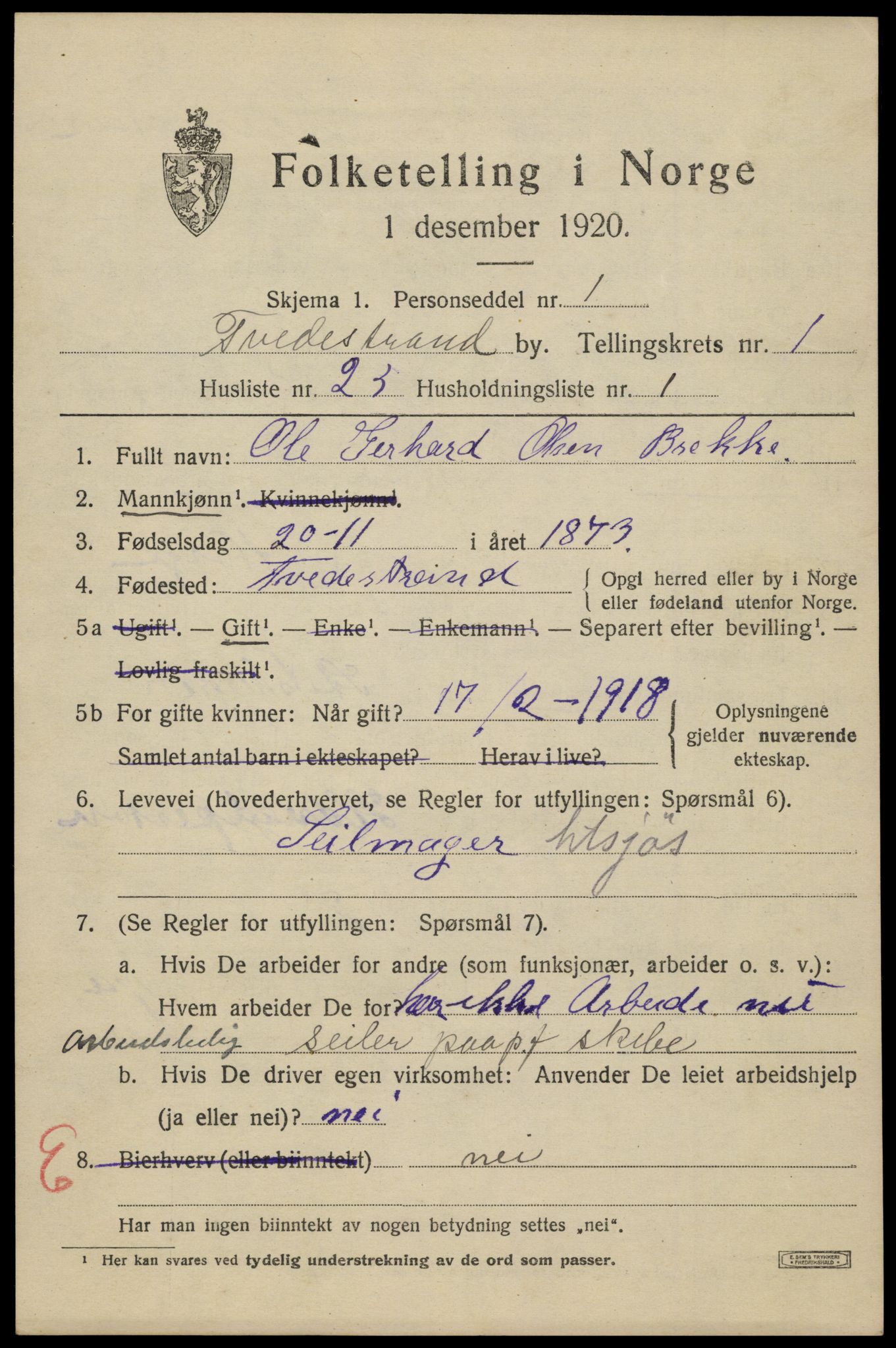 SAK, 1920 census for Tvedestrand, 1920, p. 1547