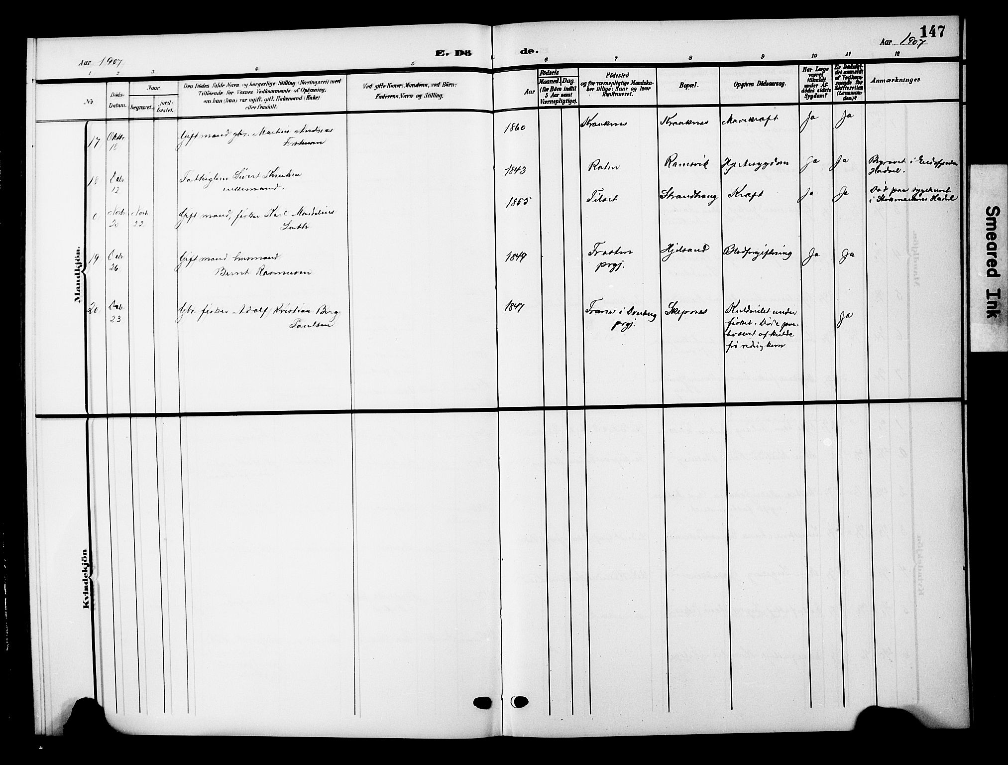 Ministerialprotokoller, klokkerbøker og fødselsregistre - Nordland, AV/SAT-A-1459/893/L1350: Parish register (copy) no. 893C05, 1906-1927, p. 147