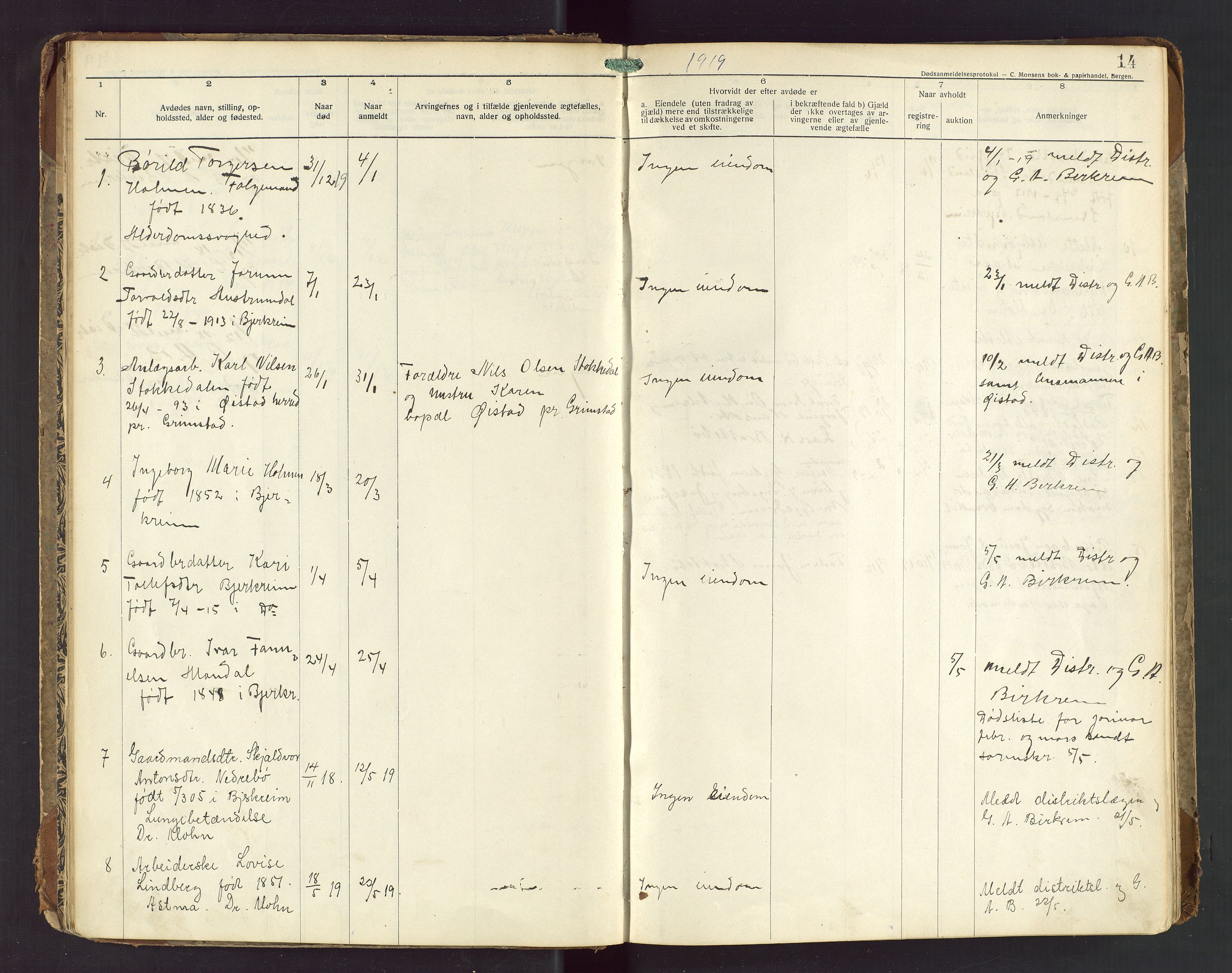 Bjerkreim lensmannskontor, AV/SAST-A-100090/Gga/L0002: "Dødsanmeldelsesprotokoll", 1916-1954, p. 14