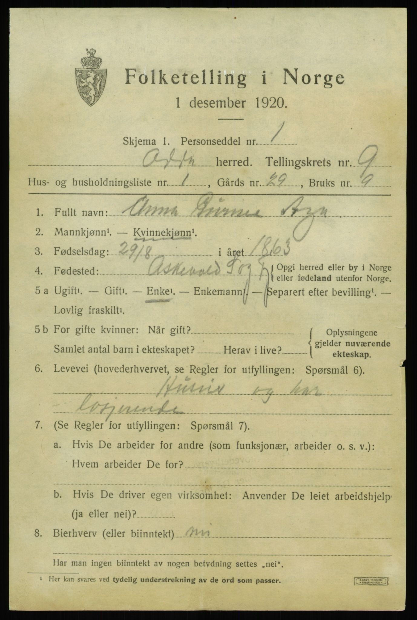 SAB, 1920 census for Odda, 1920, p. 7379