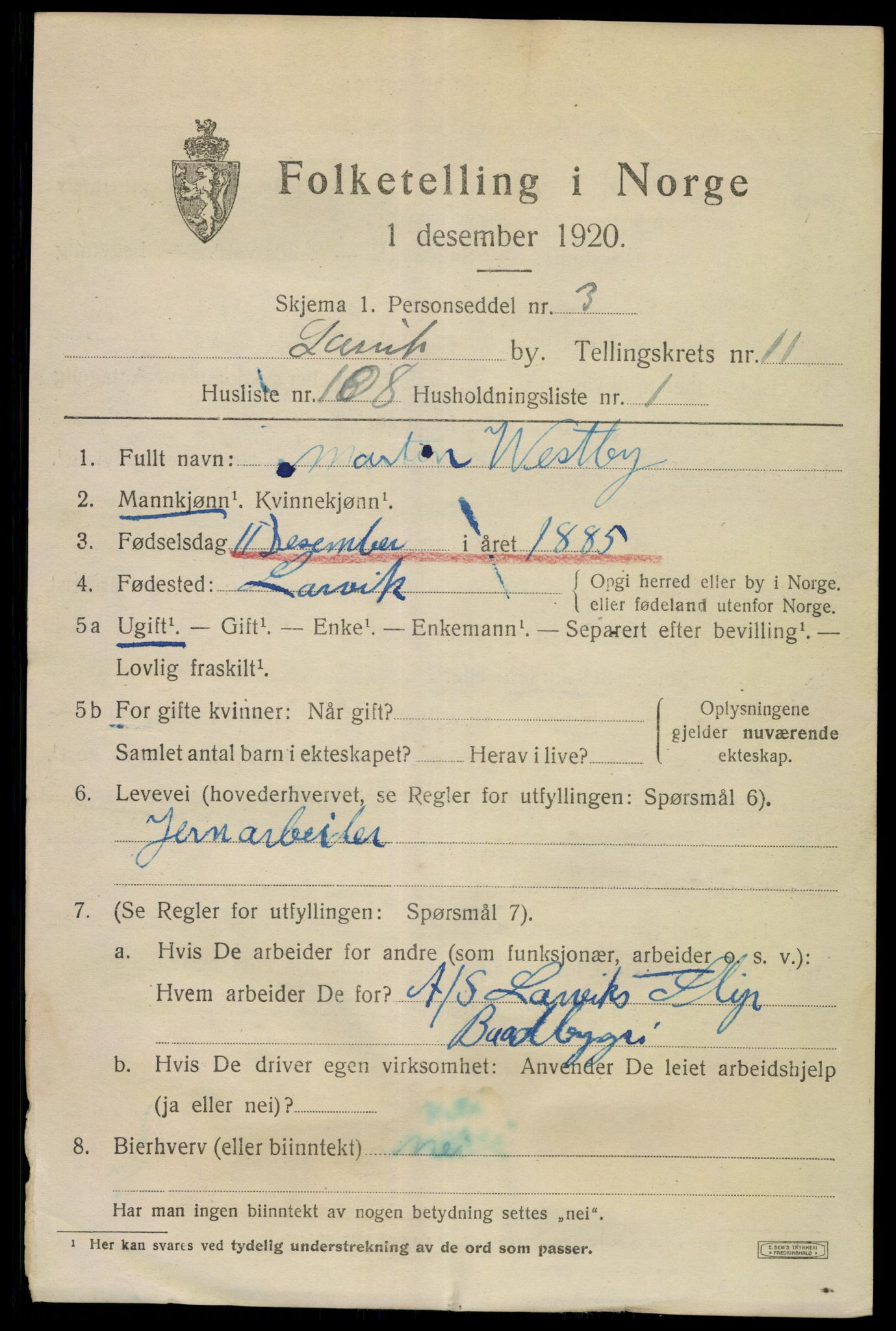 SAKO, 1920 census for Larvik, 1920, p. 30532