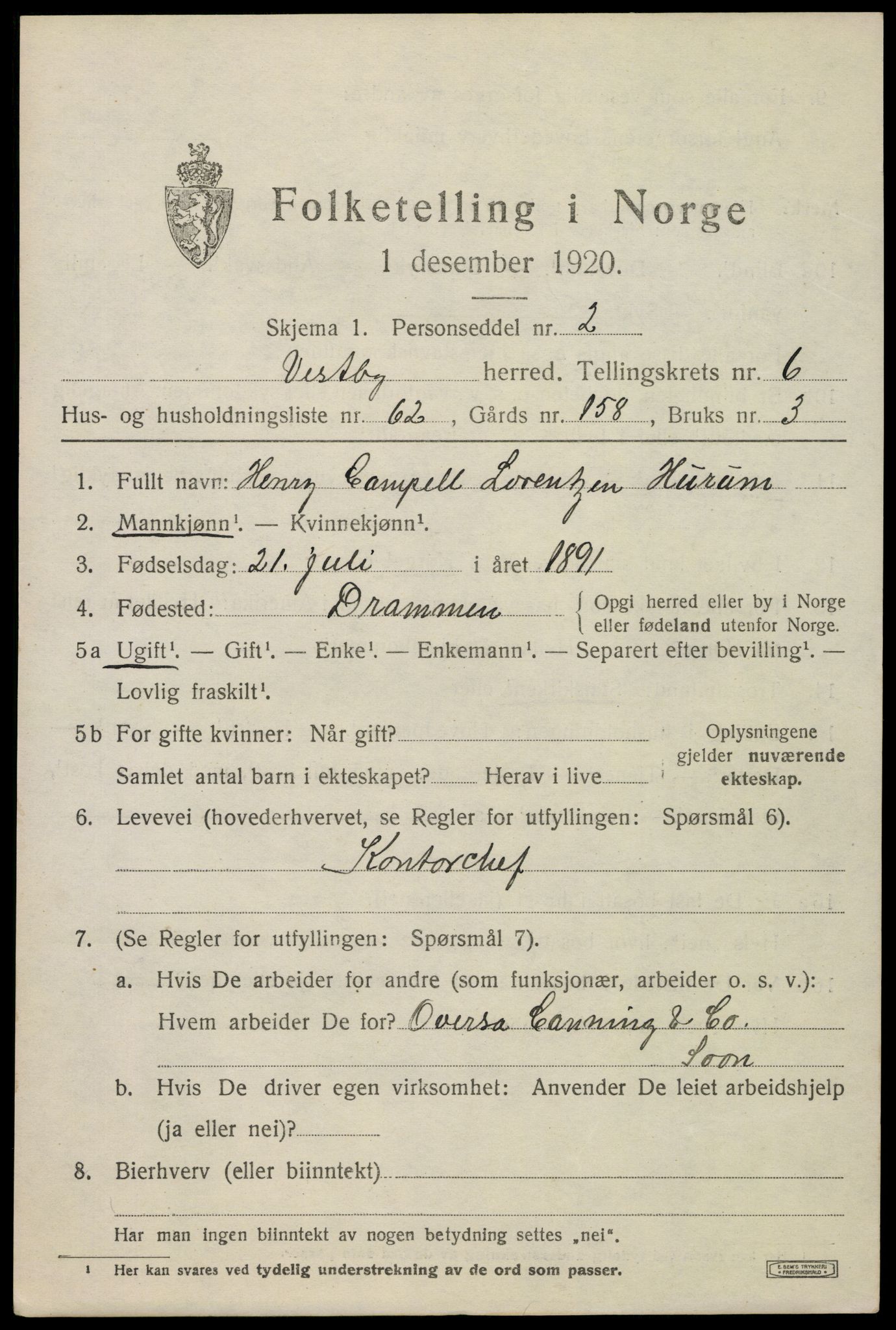 SAO, 1920 census for Vestby, 1920, p. 7393