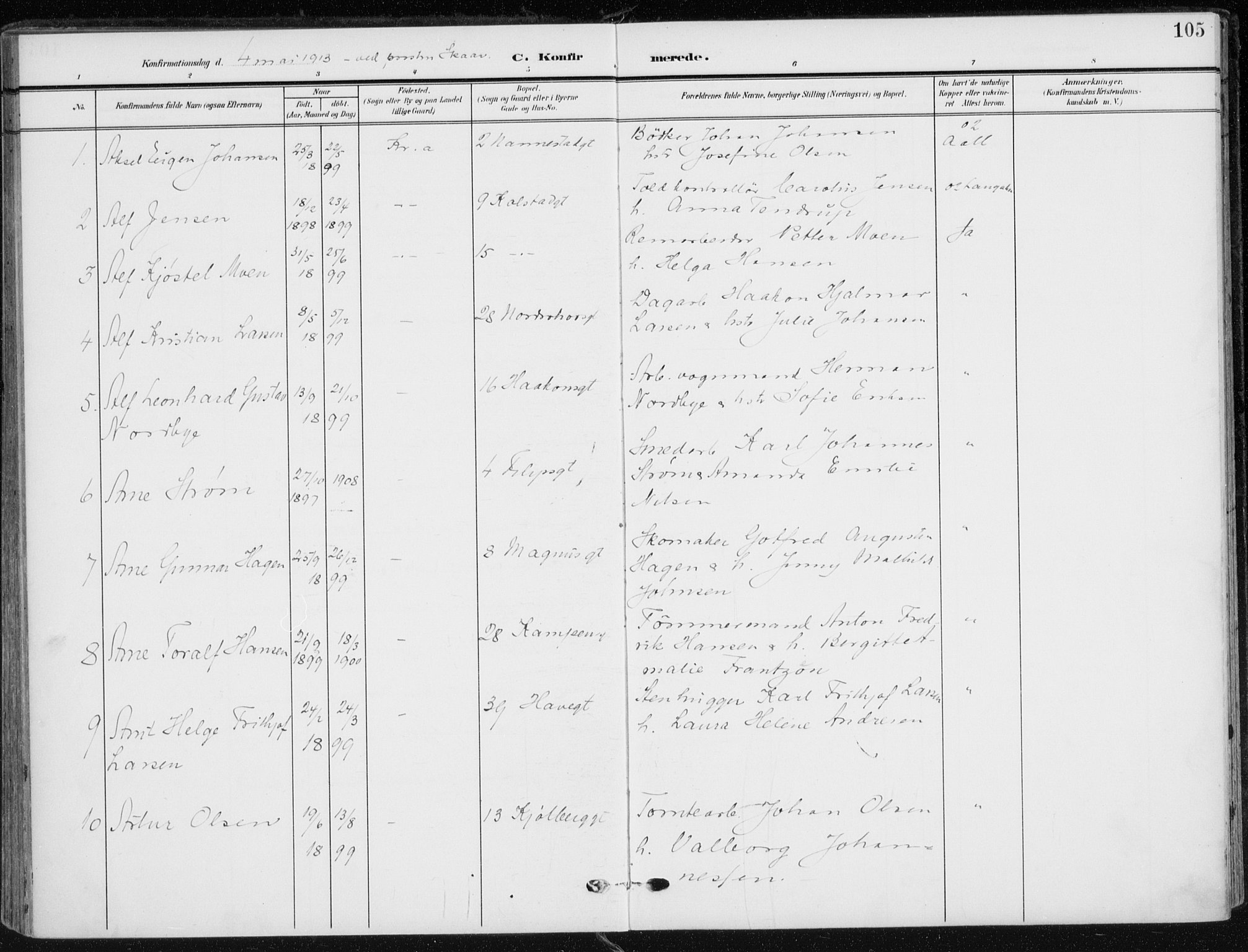Kampen prestekontor Kirkebøker, SAO/A-10853/F/Fa/L0011: Parish register (official) no. I 11, 1907-1917, p. 105