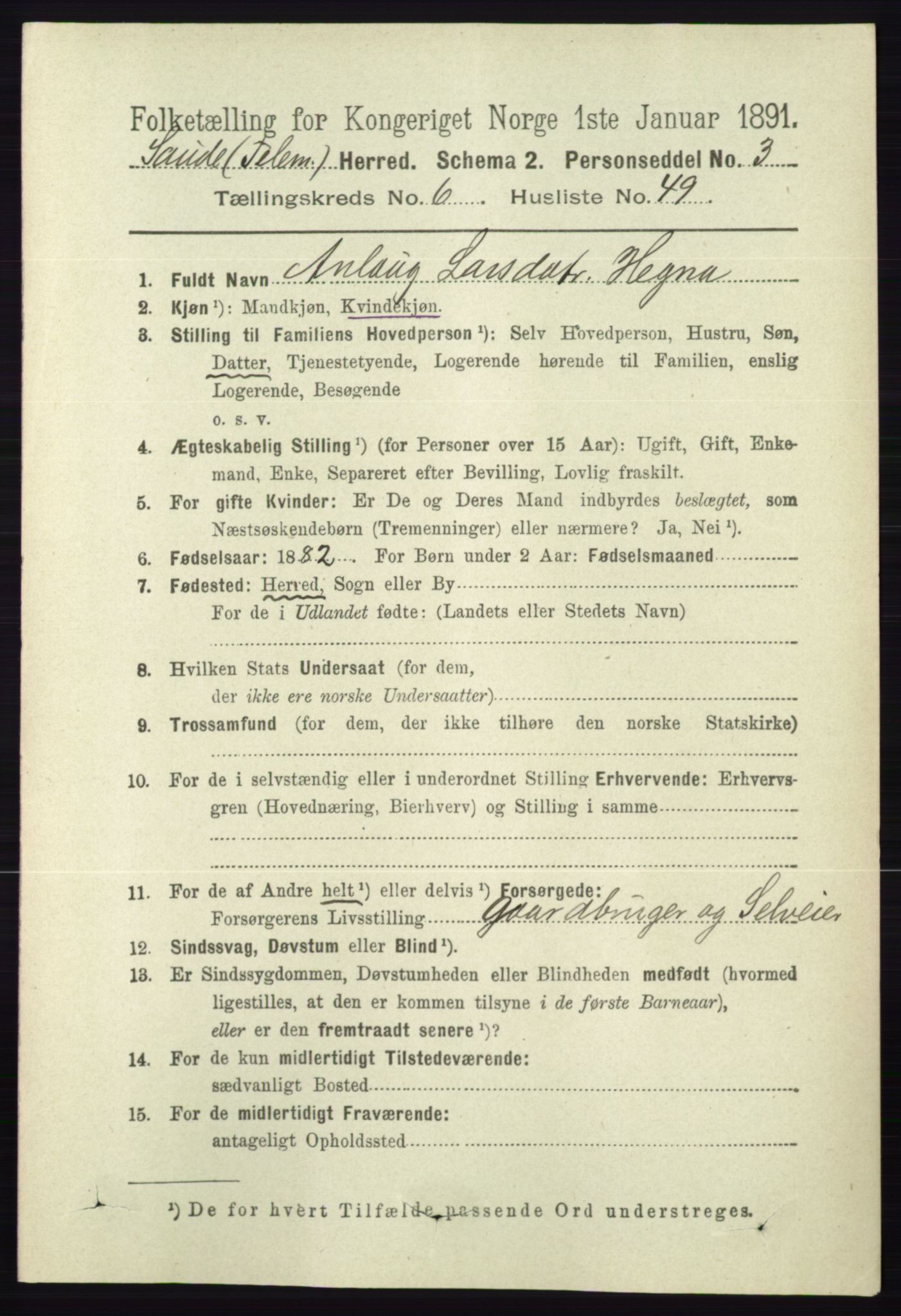 RA, 1891 census for 0822 Sauherad, 1891, p. 1962