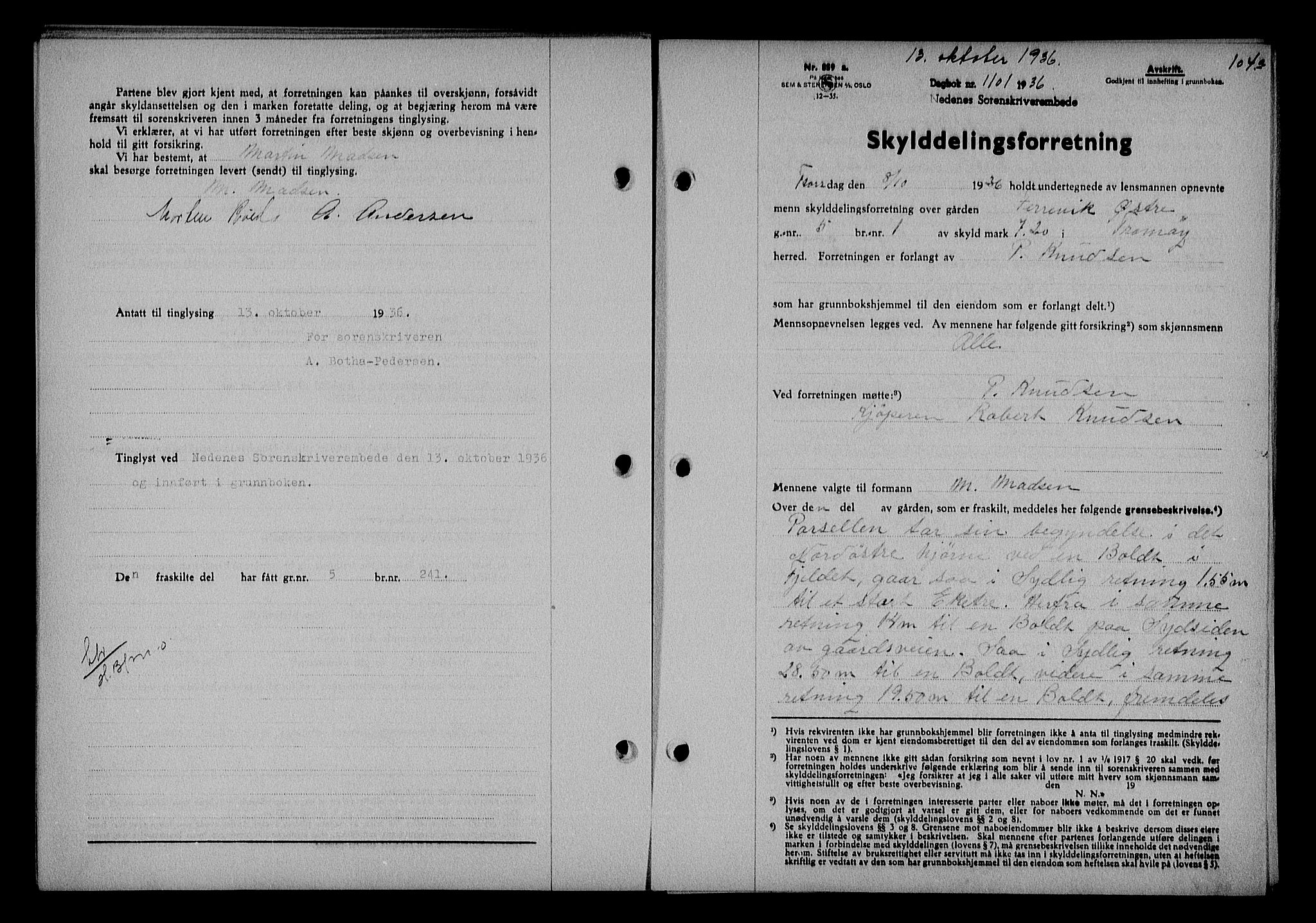 Nedenes sorenskriveri, SAK/1221-0006/G/Gb/Gba/L0043: Mortgage book no. 39, 1936-1937, Diary no: : 1101/1936