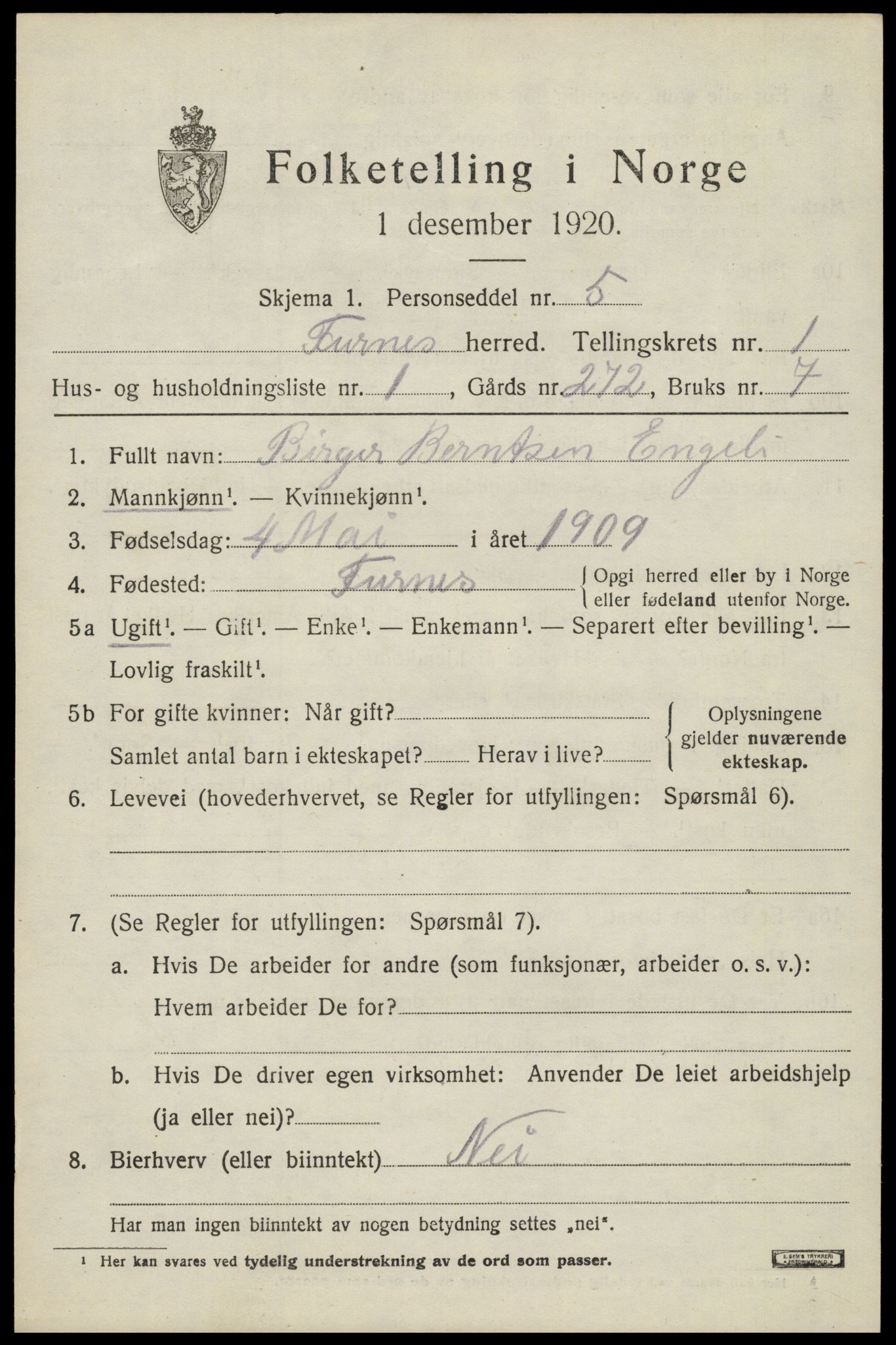 SAH, 1920 census for Furnes, 1920, p. 1677