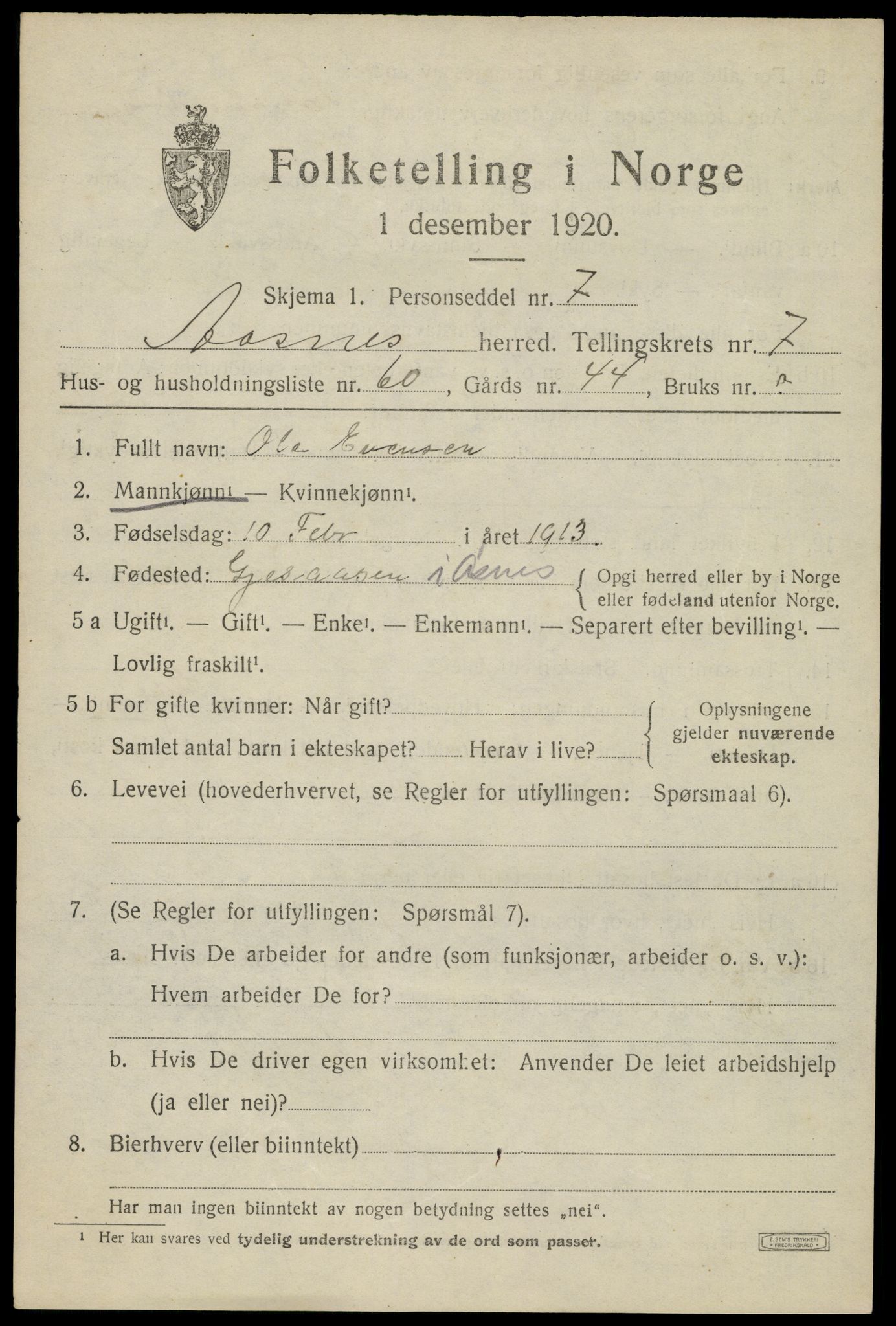 SAH, 1920 census for Åsnes, 1920, p. 9122