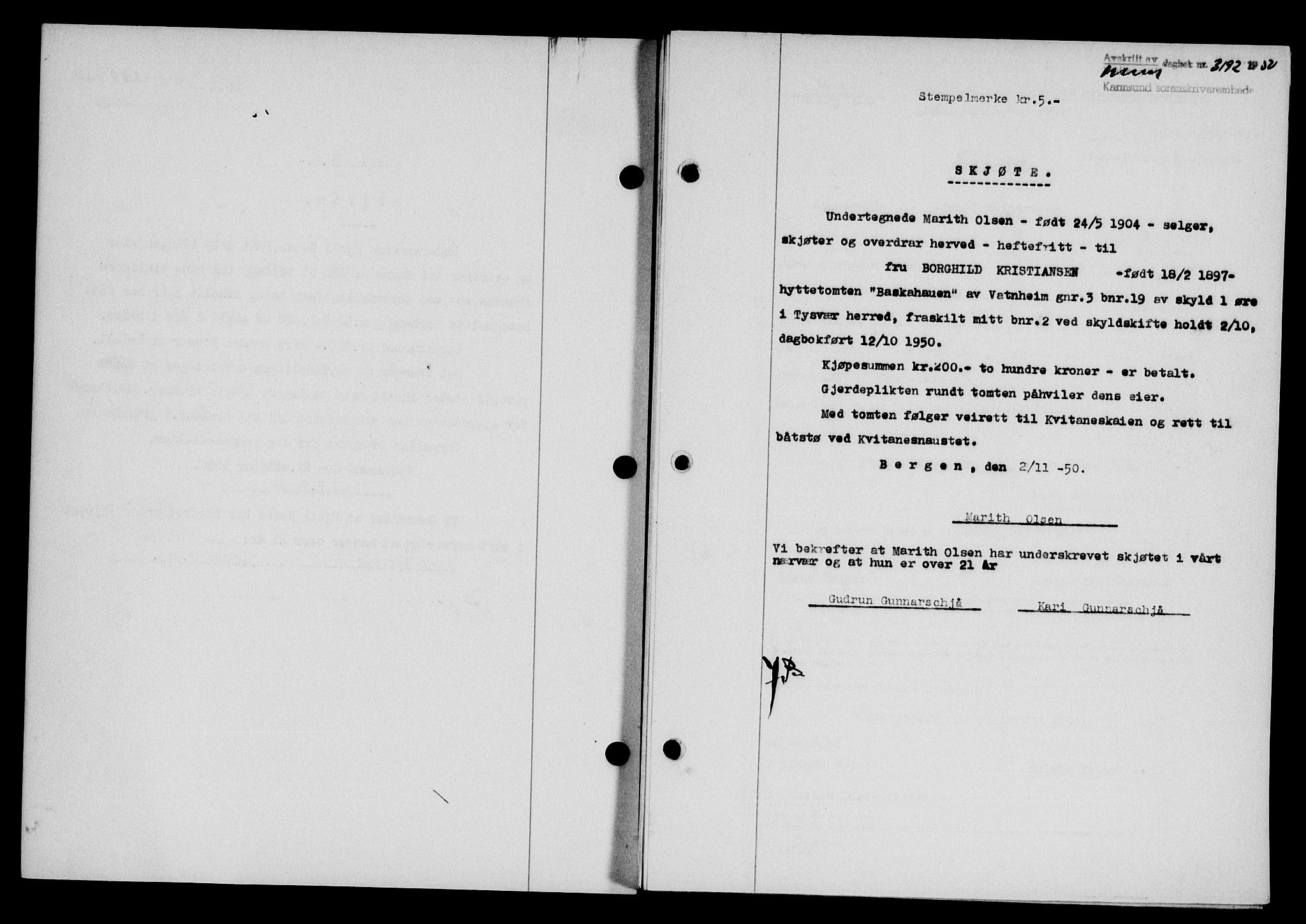 Karmsund sorenskriveri, SAST/A-100311/01/II/IIB/L0101: Mortgage book no. 81A, 1950-1951, Diary no: : 3192/1950