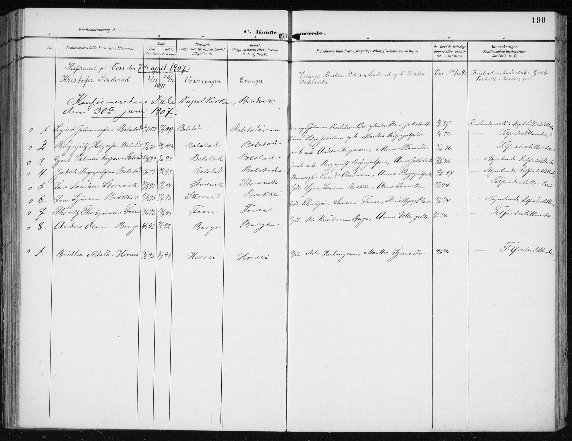 Evanger sokneprestembete, SAB/A-99924: Parish register (official) no. A  3, 1900-1930, p. 190