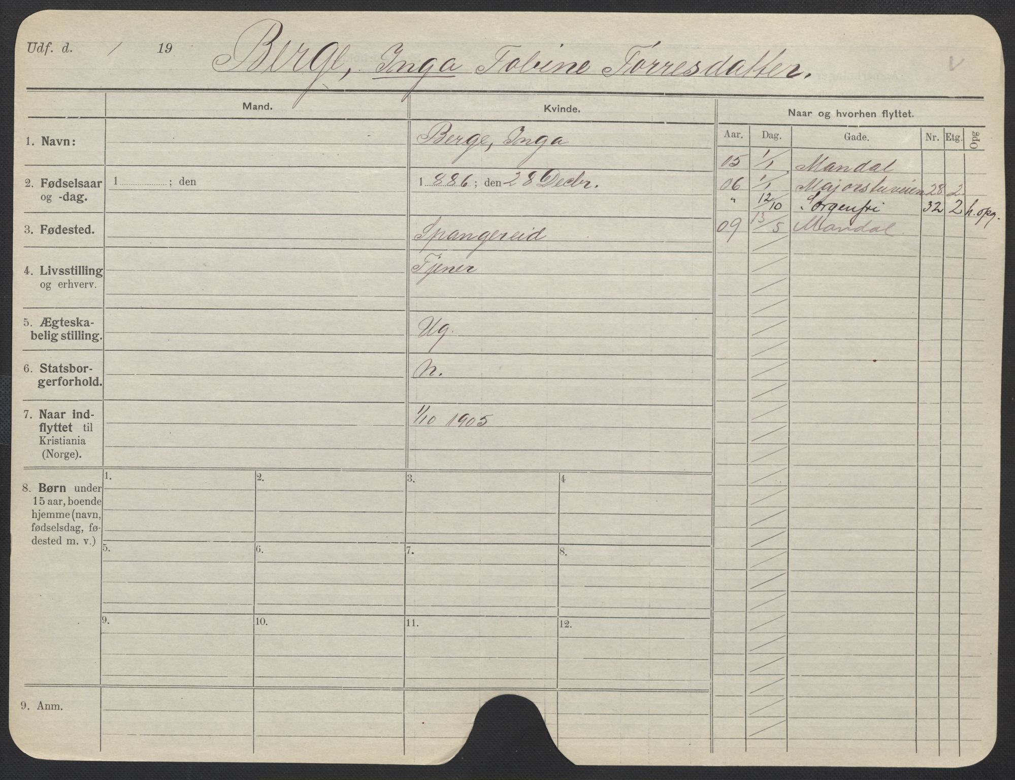 Oslo folkeregister, Registerkort, AV/SAO-A-11715/F/Fa/Fac/L0013: Kvinner, 1906-1914, p. 180a