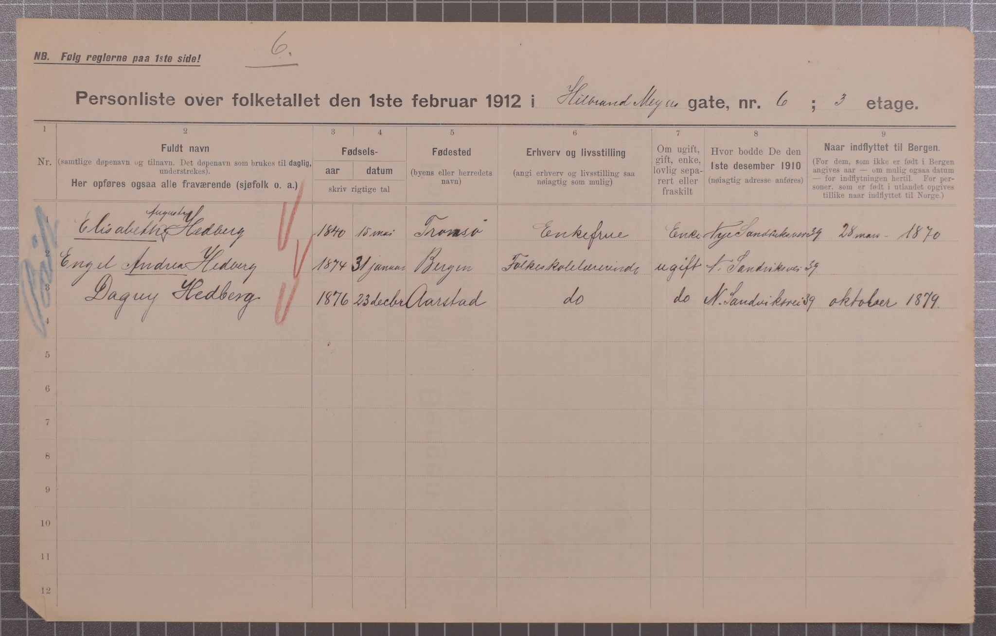 SAB, Municipal Census 1912 for Bergen, 1912, p. 3084