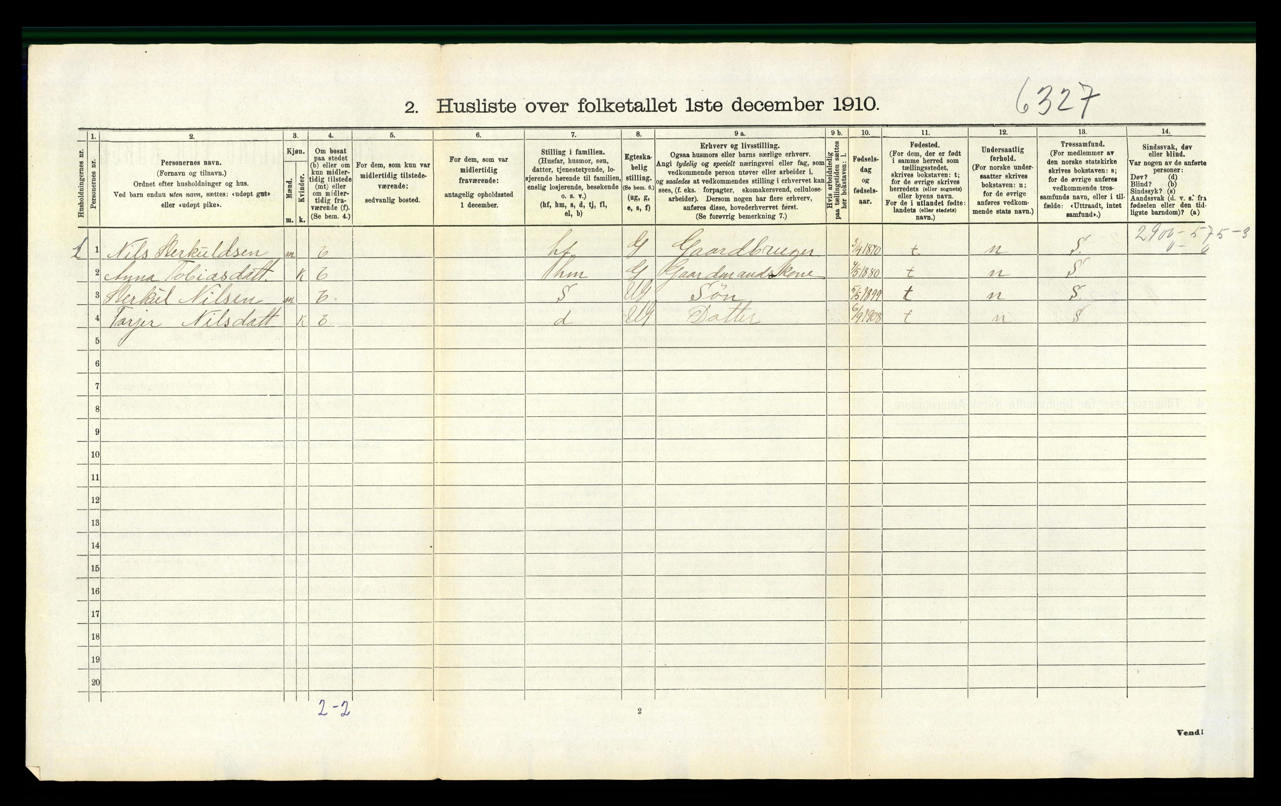 RA, 1910 census for Bjelland, 1910, p. 395