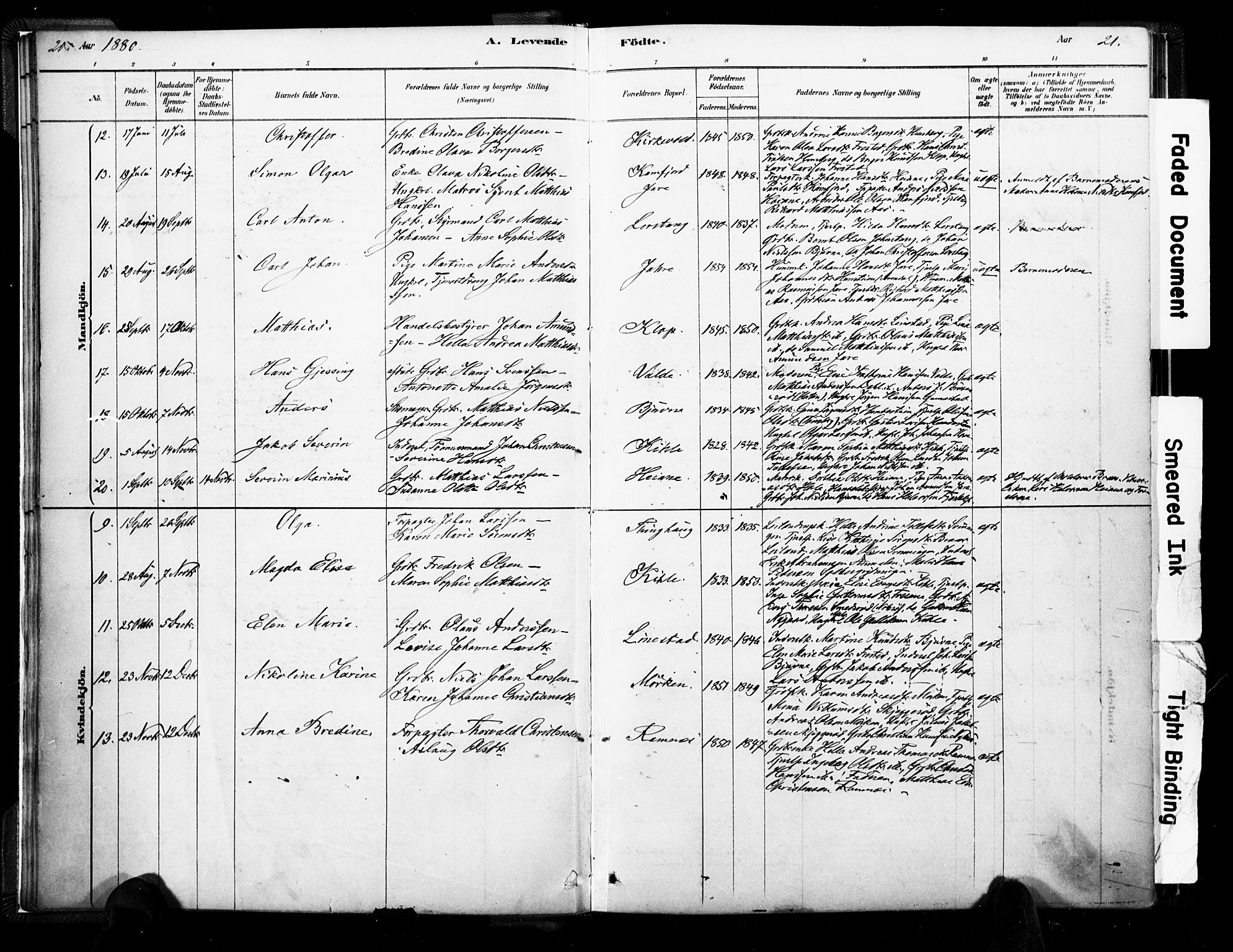 Ramnes kirkebøker, AV/SAKO-A-314/F/Fa/L0007: Parish register (official) no. I 7, 1878-1895, p. 20-21