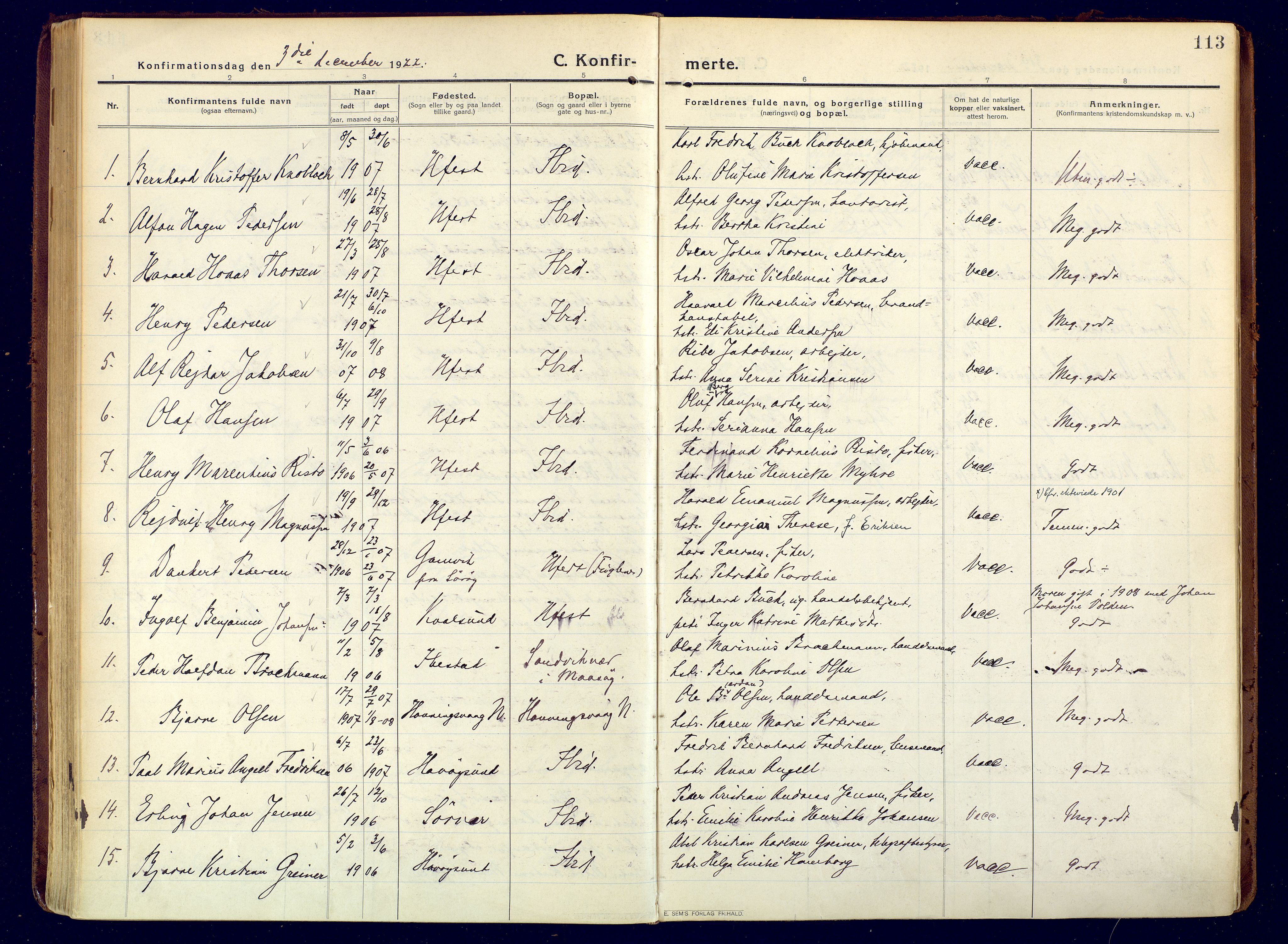 Hammerfest sokneprestkontor, SATØ/S-1347/H/Ha/L0015.kirke: Parish register (official) no. 15, 1916-1923, p. 113