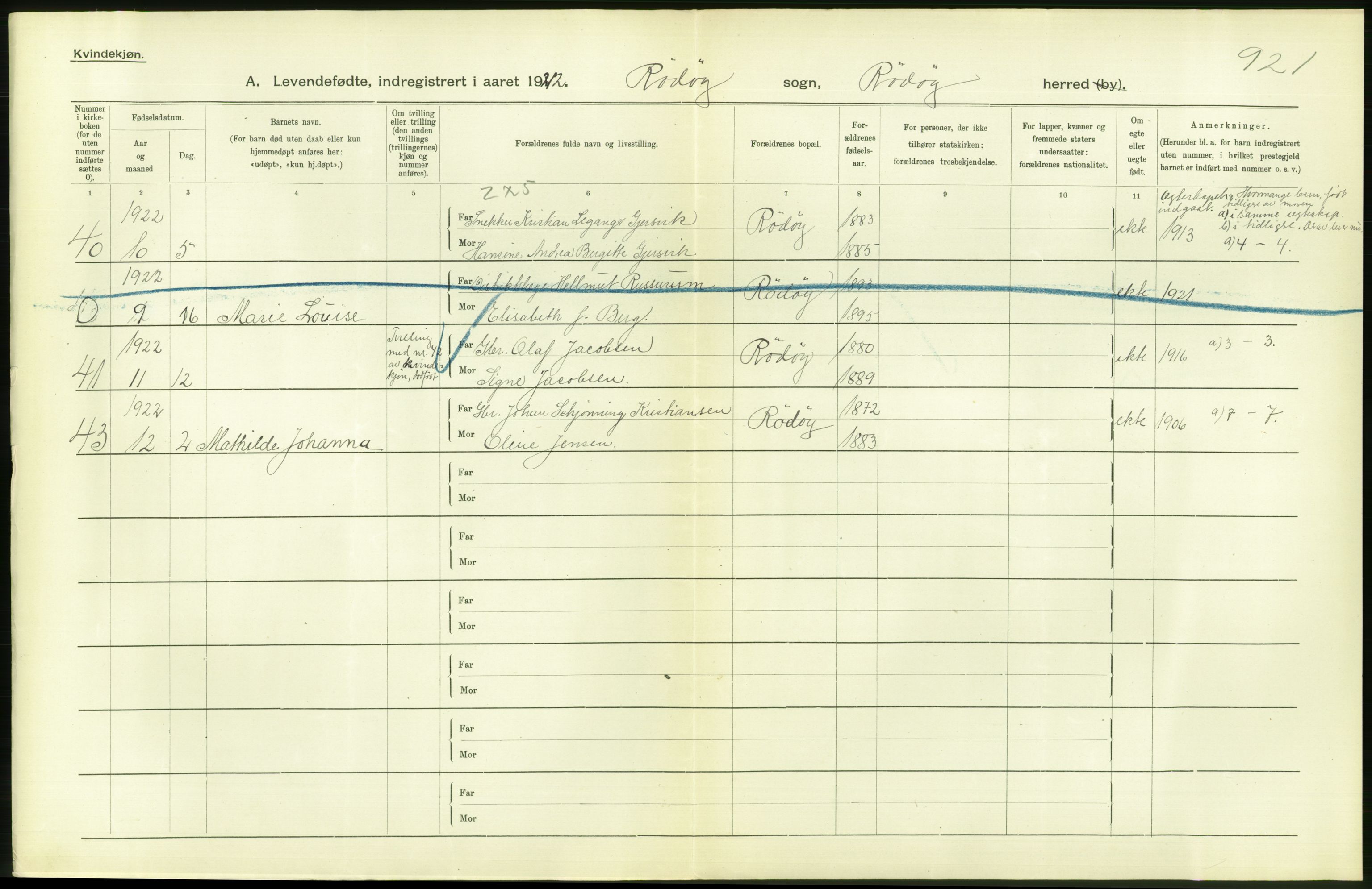 Statistisk sentralbyrå, Sosiodemografiske emner, Befolkning, AV/RA-S-2228/D/Df/Dfc/Dfcb/L0044: Nordland fylke: Levendefødte menn og kvinner. Bygder og byer., 1922, p. 334