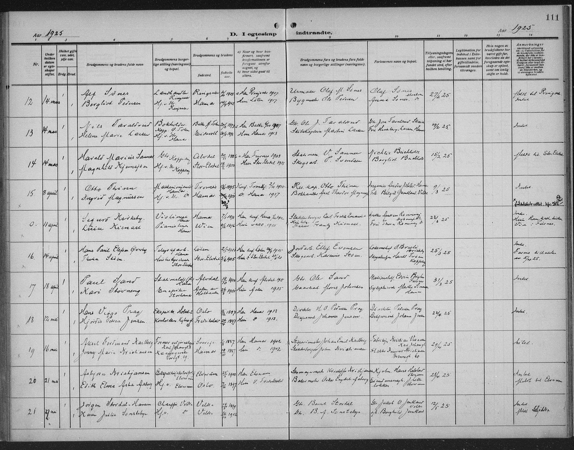 Hamar prestekontor, SAH/DOMPH-002/H/Ha/Haa/L0003: Parish register (official) no. 3, 1913-1930, p. 111