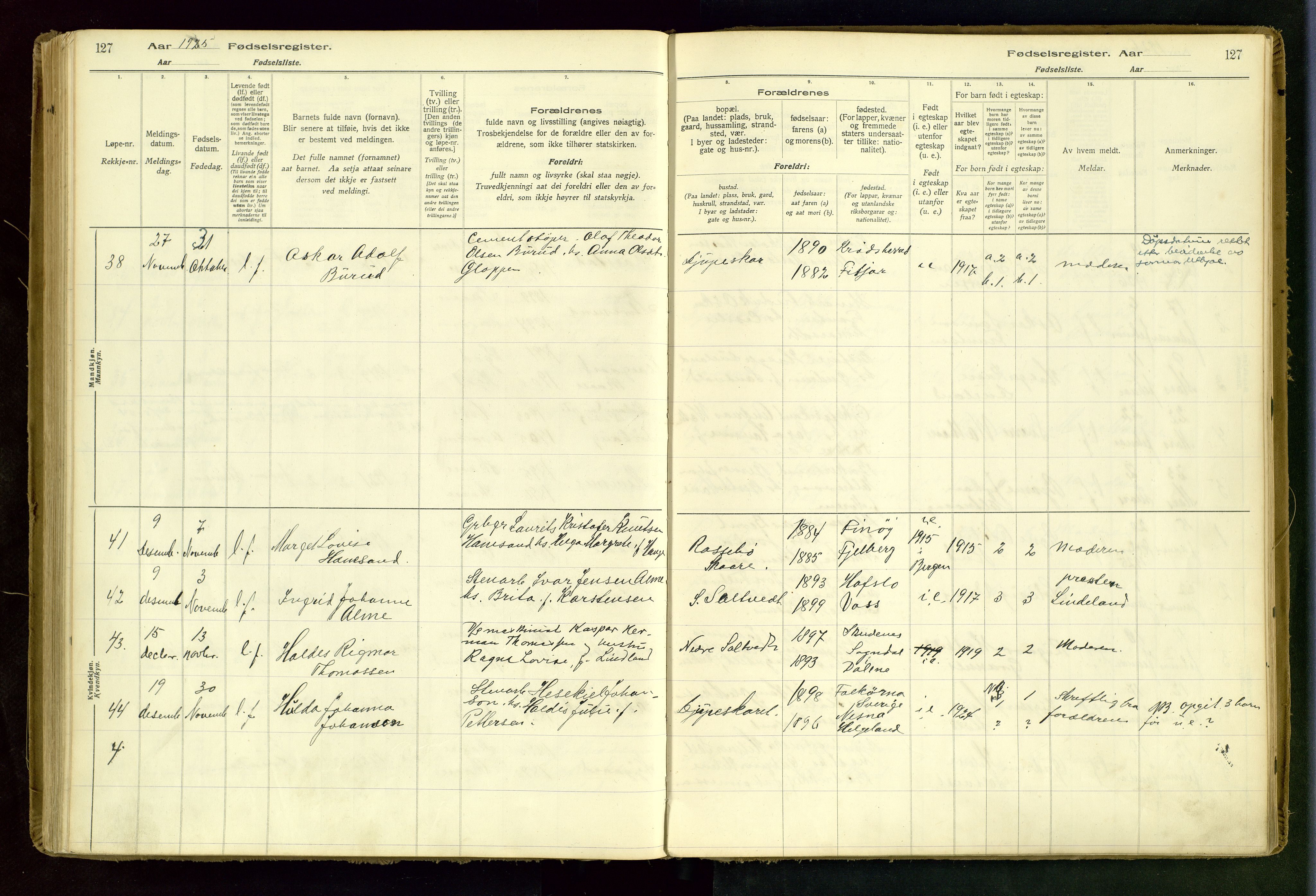 Haugesund sokneprestkontor, AV/SAST-A -101863/I/Id/L0001: Birth register no. 1, 1916-1935, p. 127