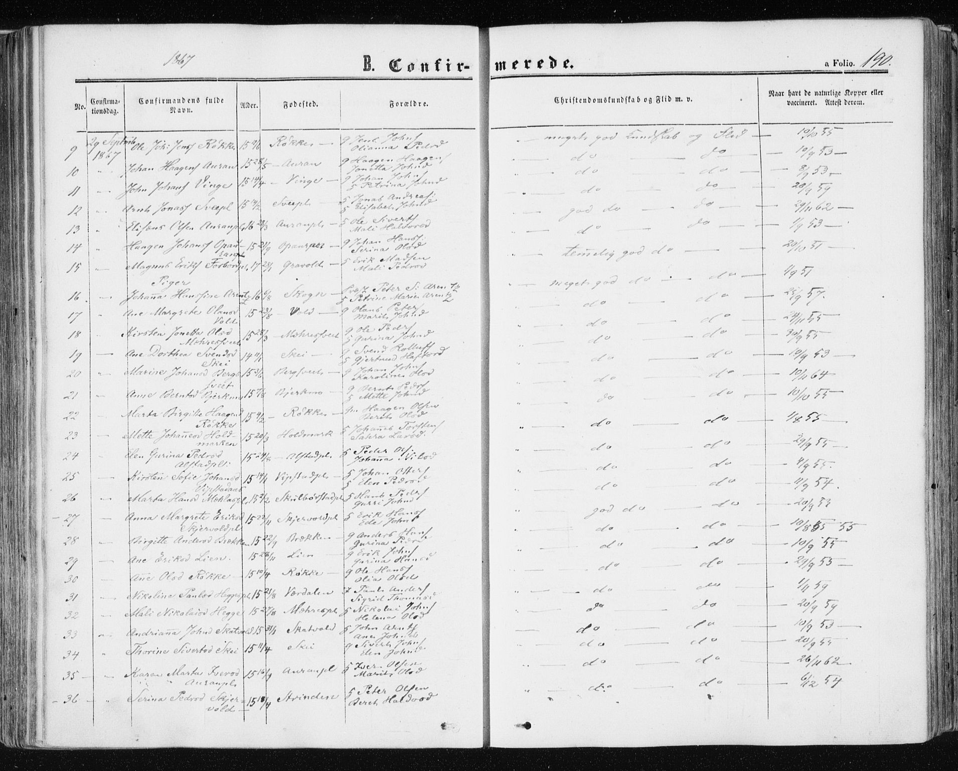 Ministerialprotokoller, klokkerbøker og fødselsregistre - Nord-Trøndelag, SAT/A-1458/709/L0075: Parish register (official) no. 709A15, 1859-1870, p. 190