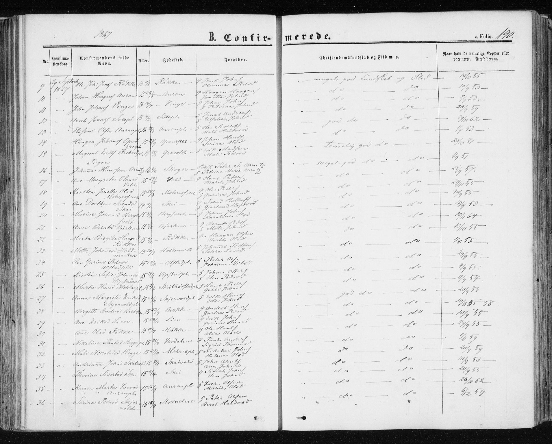 Ministerialprotokoller, klokkerbøker og fødselsregistre - Nord-Trøndelag, AV/SAT-A-1458/709/L0075: Parish register (official) no. 709A15, 1859-1870, p. 190