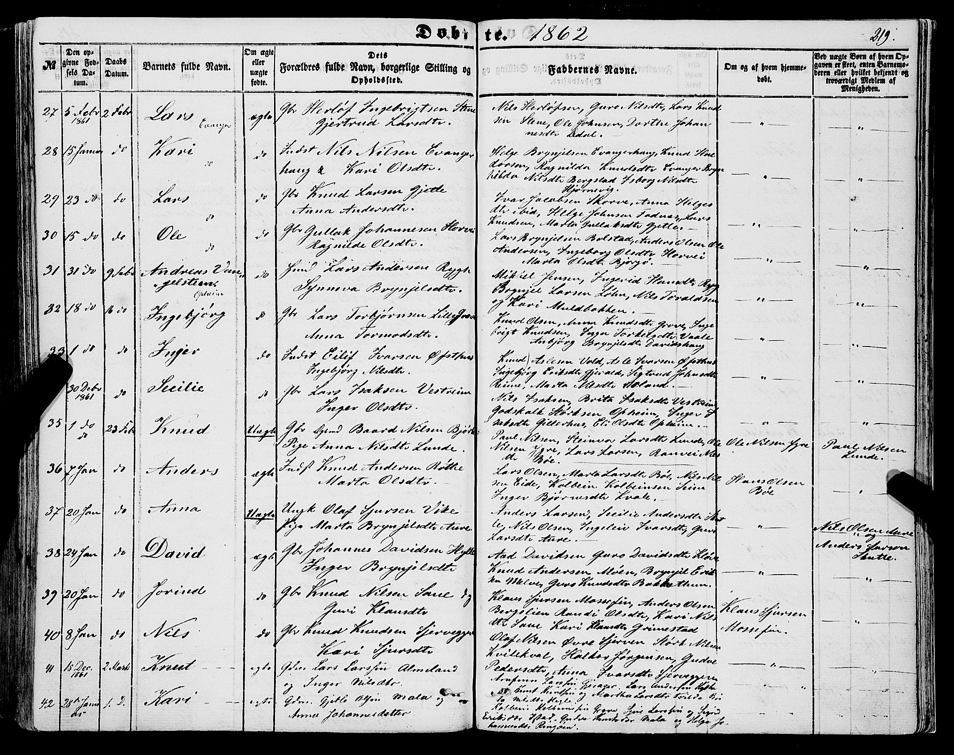 Voss sokneprestembete, AV/SAB-A-79001/H/Haa: Parish register (official) no. A 16, 1849-1863, p. 219