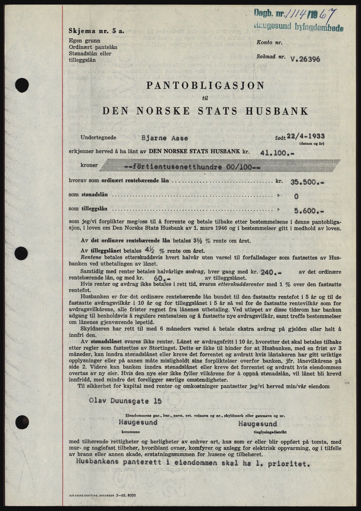 Haugesund tingrett, SAST/A-101415/01/II/IIC/L0056: Mortgage book no. B 56, 1966-1967, Diary no: : 1114/1967
