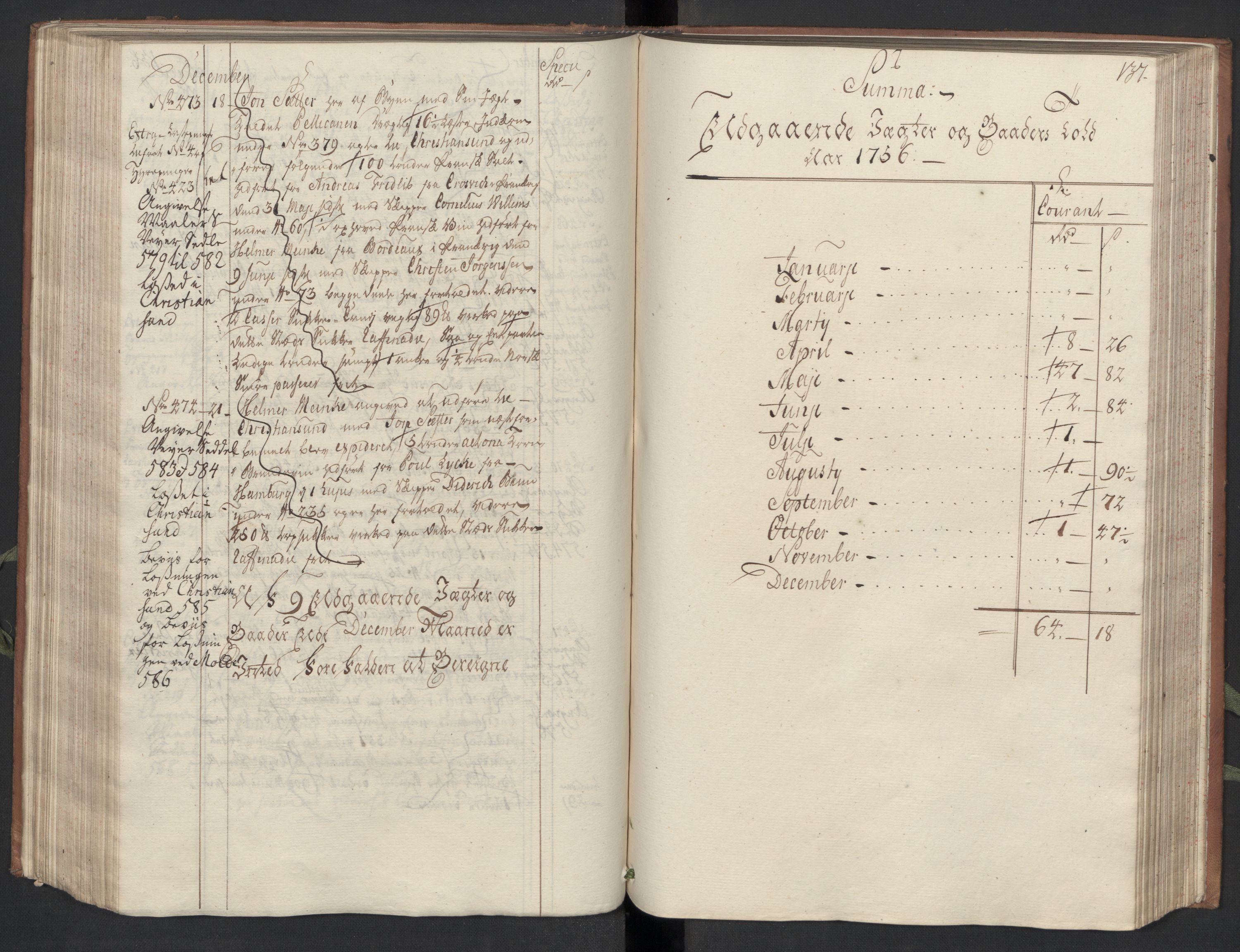 Generaltollkammeret, tollregnskaper, AV/RA-EA-5490/R33/L0048/0001: Tollregnskaper Trondheim A / Utgående hovedtollbok, 1756, p. 136b-137a