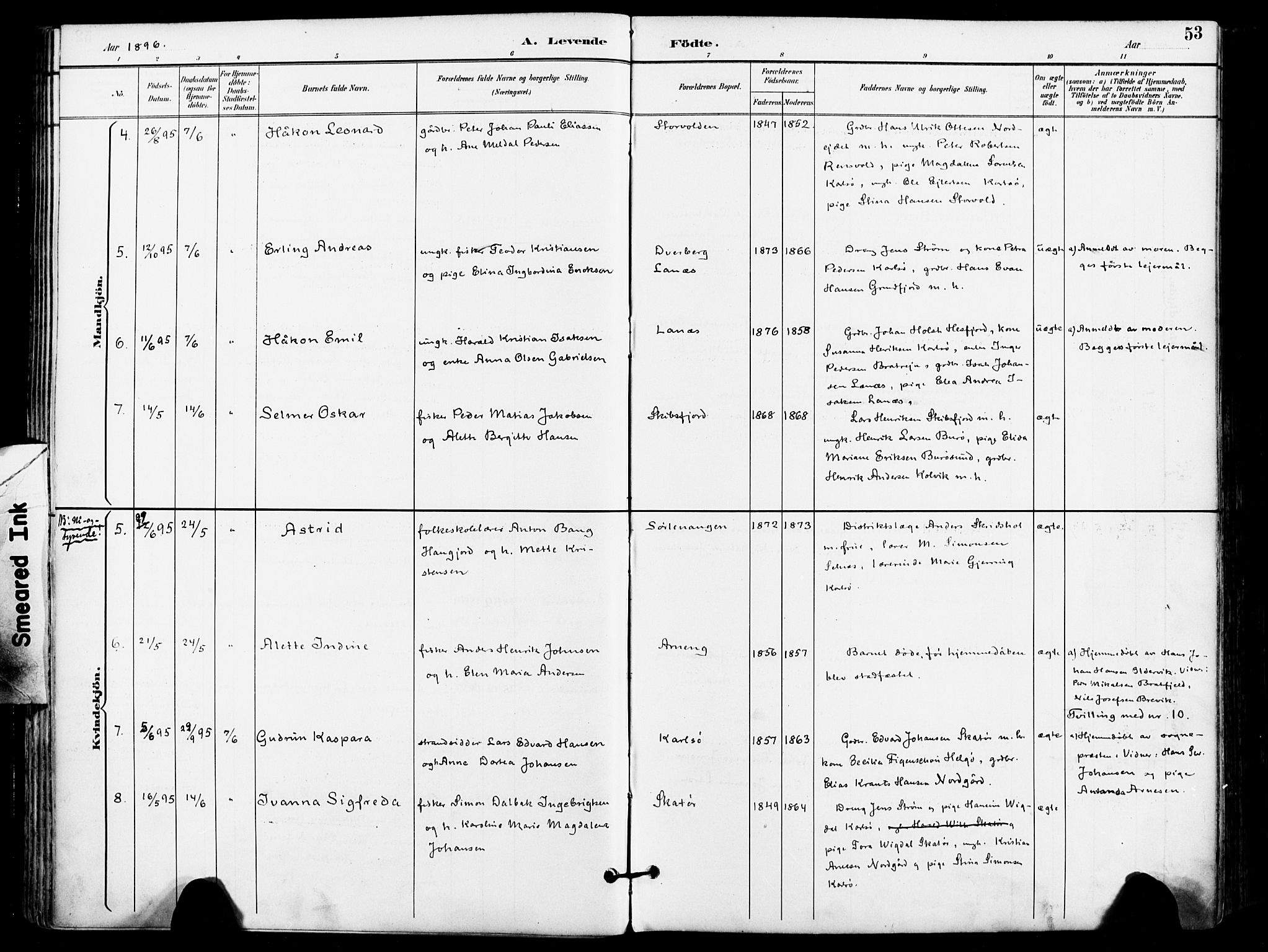 Karlsøy sokneprestembete, AV/SATØ-S-1299/H/Ha/Haa/L0007kirke: Parish register (official) no. 7, 1891-1902, p. 53