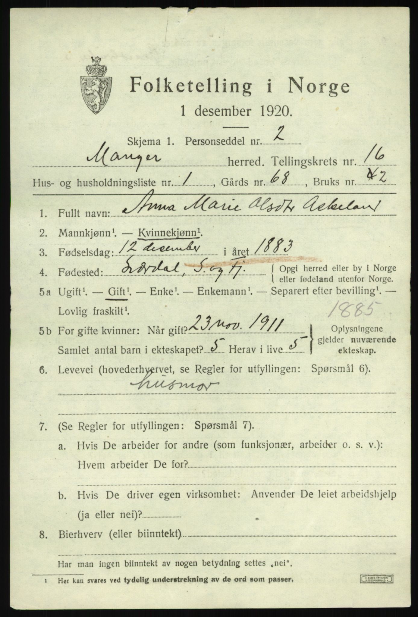 SAB, 1920 census for Manger, 1920, p. 8792