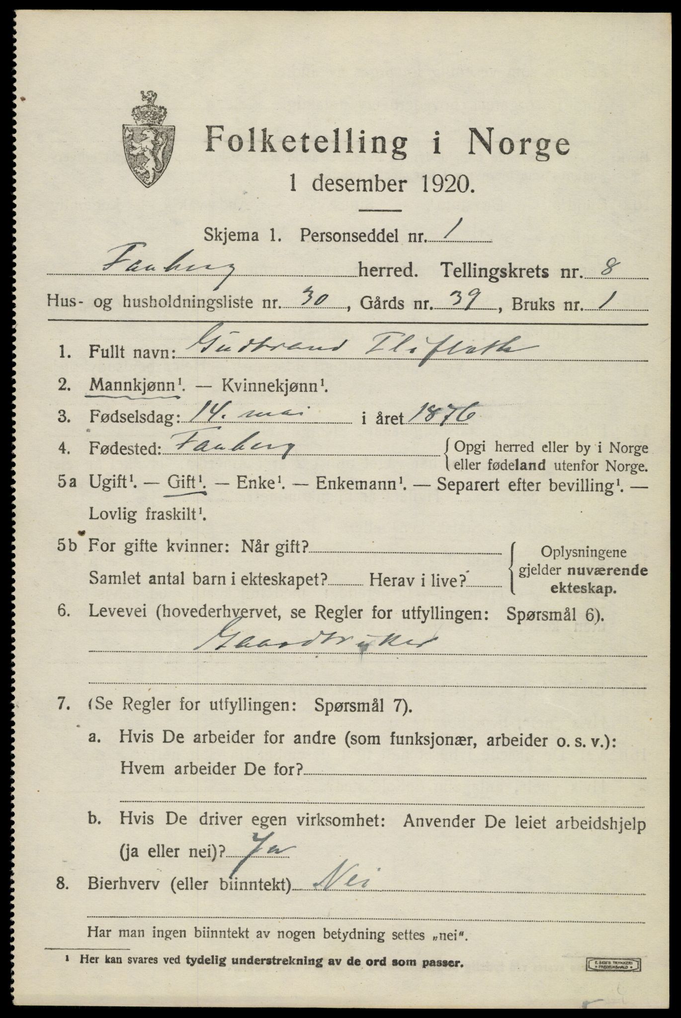 SAH, 1920 census for Fåberg, 1920, p. 9536