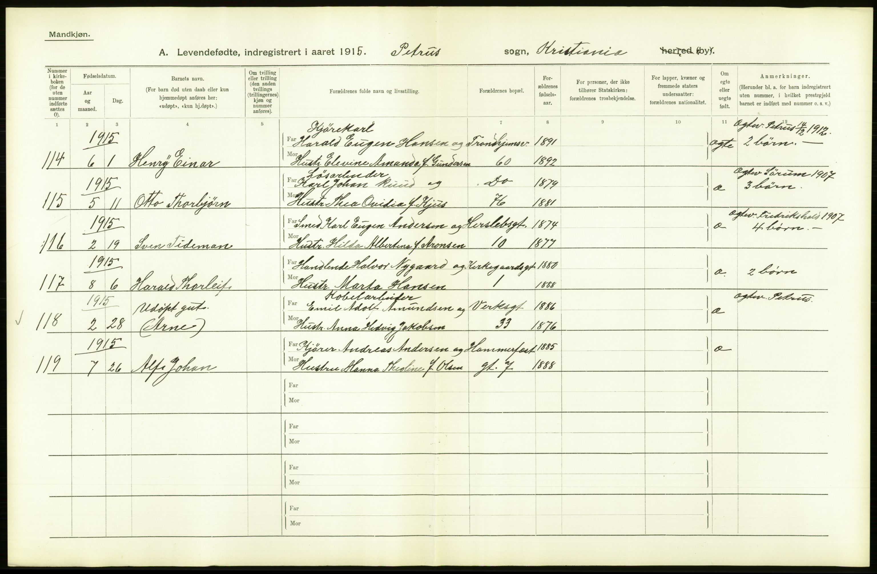 Statistisk sentralbyrå, Sosiodemografiske emner, Befolkning, RA/S-2228/D/Df/Dfb/Dfbe/L0006: Kristiania: Levendefødte menn og kvinner., 1915, p. 22