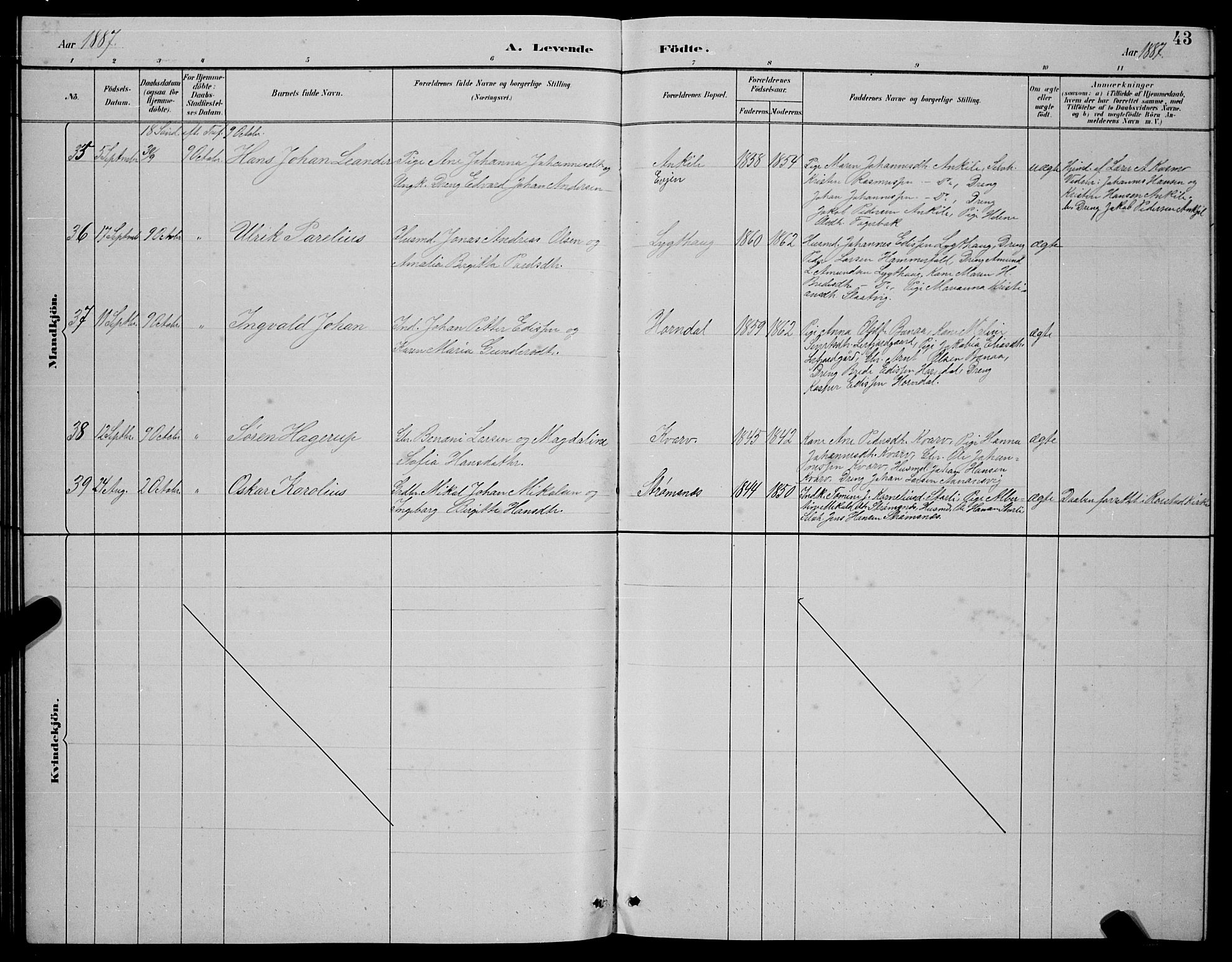 Ministerialprotokoller, klokkerbøker og fødselsregistre - Nordland, AV/SAT-A-1459/854/L0785: Parish register (copy) no. 854C01, 1883-1891, p. 43