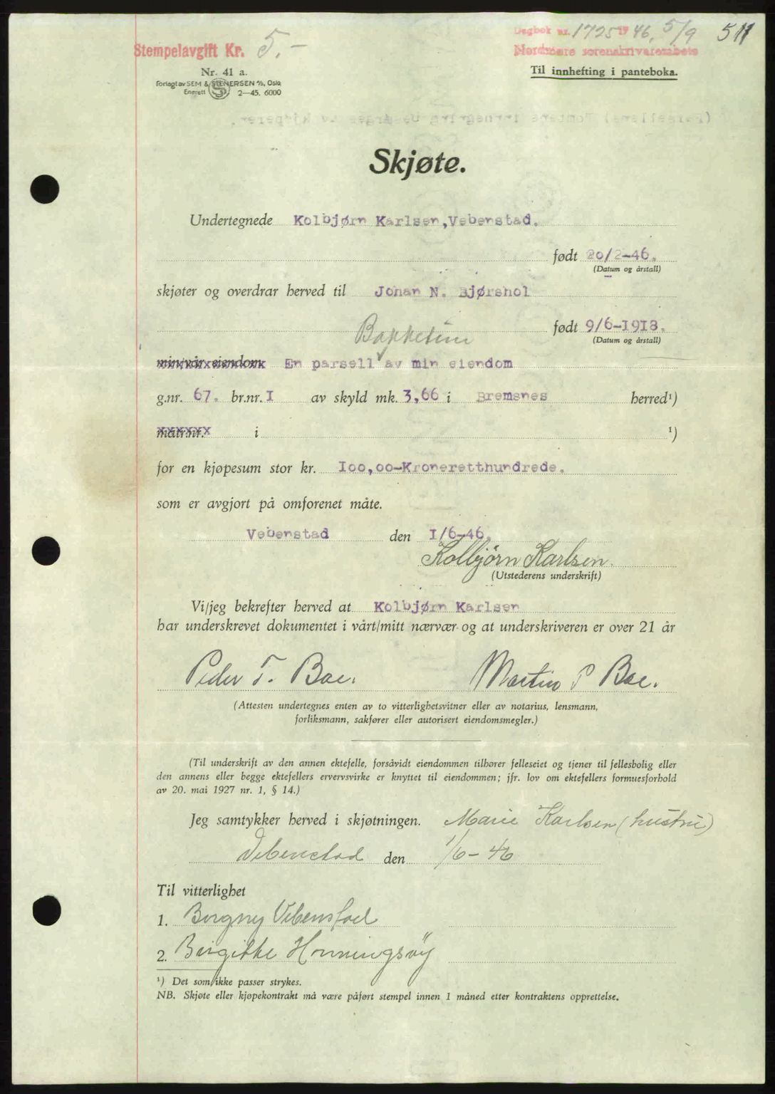 Nordmøre sorenskriveri, AV/SAT-A-4132/1/2/2Ca: Mortgage book no. A102, 1946-1946, Diary no: : 1725/1946