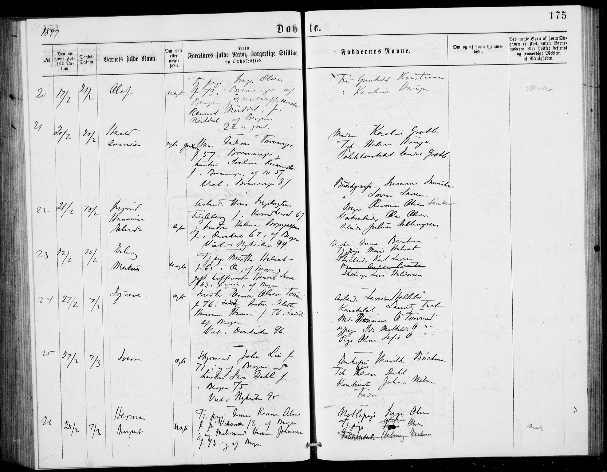 Fødselsstiftelsens sokneprestembete, ført av overlegen*, SAB/-: Parish register (official) no. A 2, 1884-1900, p. 175