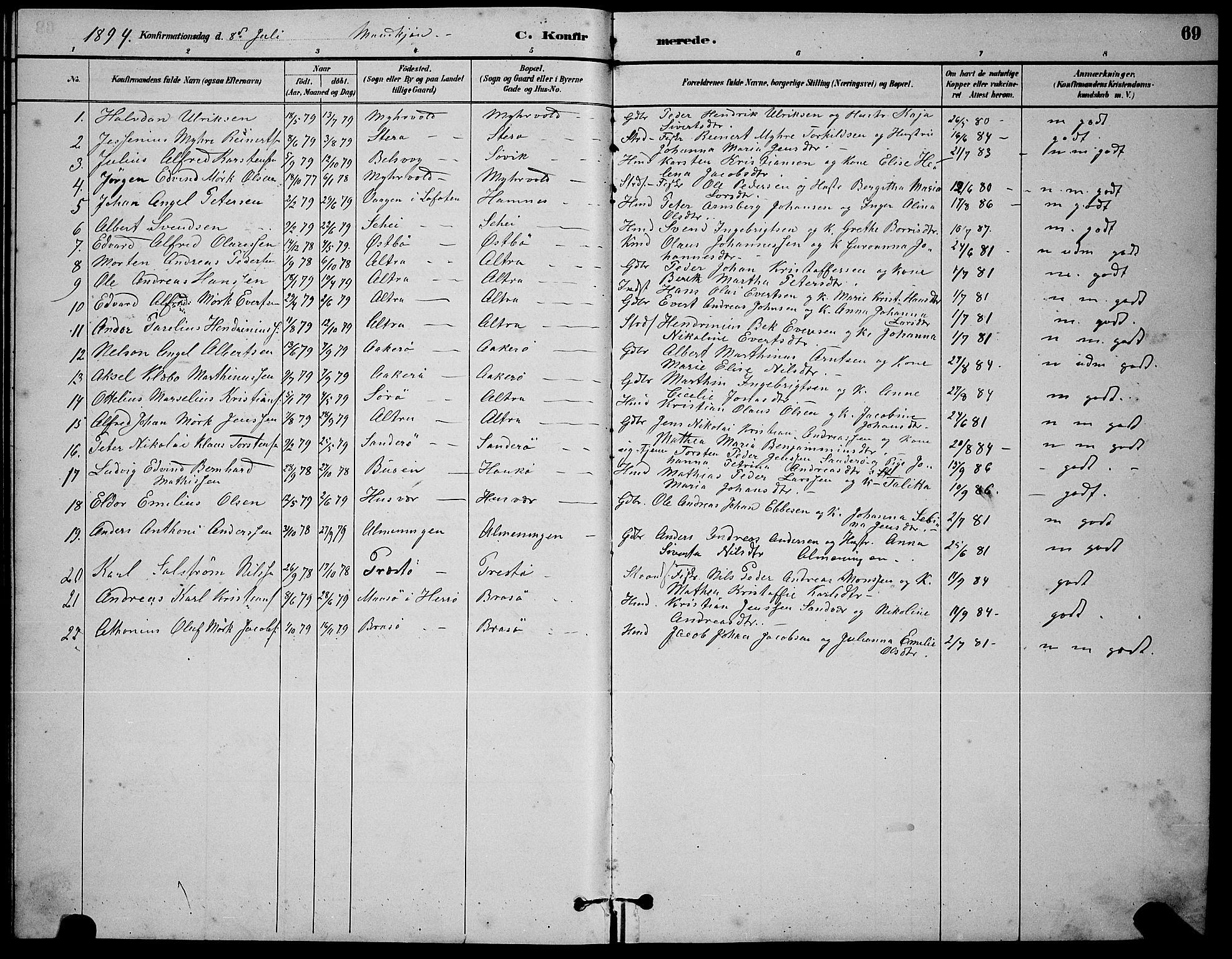 Ministerialprotokoller, klokkerbøker og fødselsregistre - Nordland, AV/SAT-A-1459/830/L0462: Parish register (copy) no. 830C04, 1882-1895, p. 69