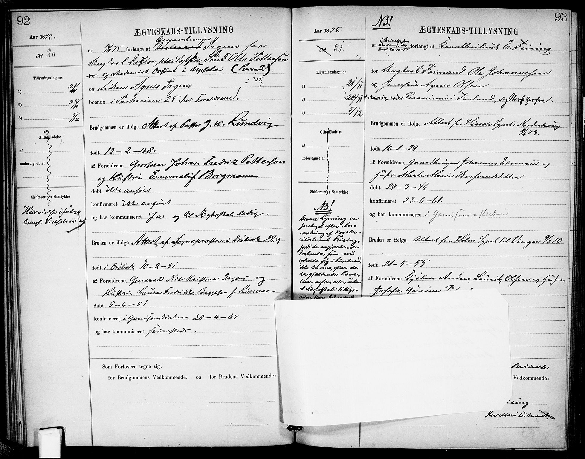 Garnisonsmenigheten Kirkebøker, AV/SAO-A-10846/H/Ha/L0007: Banns register no. I 7, 1872-1893, p. 92-93