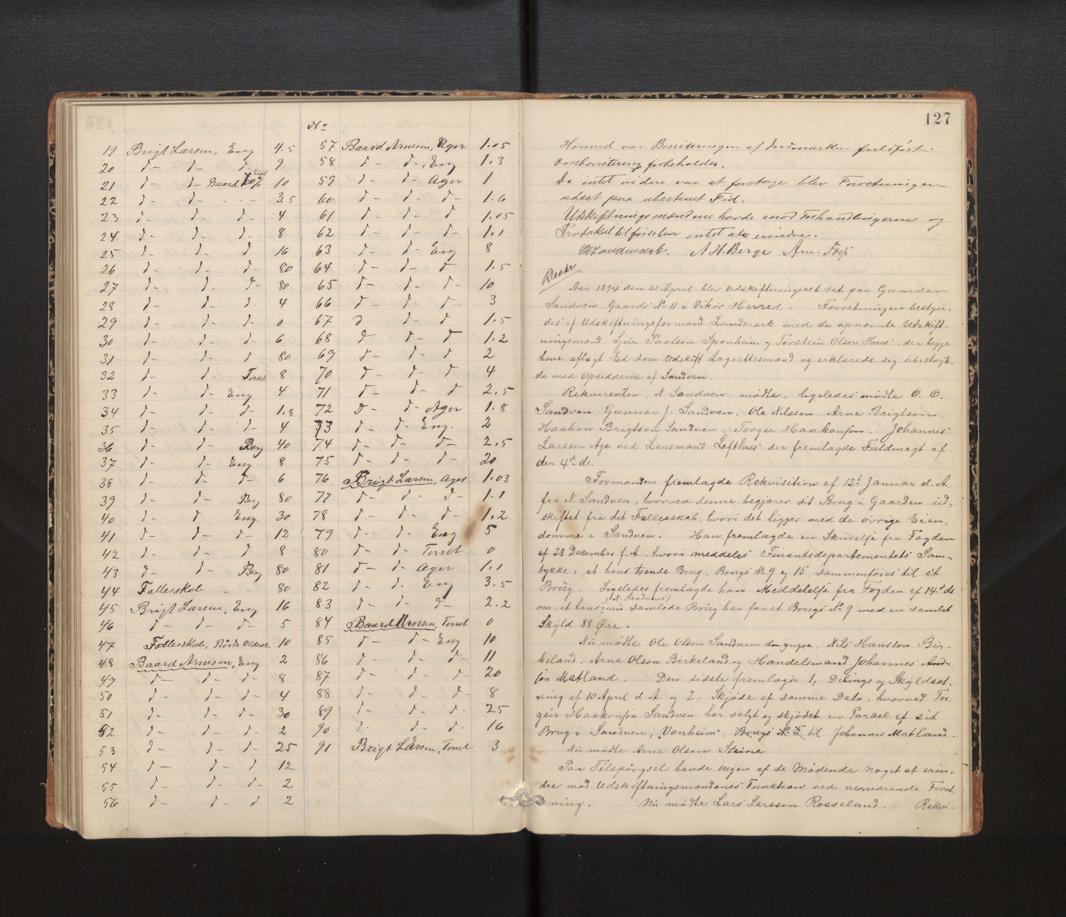 Hordaland jordskiftedøme - IV Hardanger jordskiftedistrikt, AV/SAB-A-7101/A/Aa/L0013: Forhandlingsprotokoll, 1890-1894, p. 126b-127a